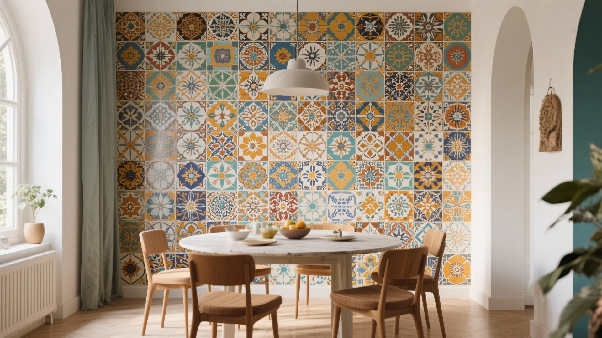 Dining area with colorful patterned tile wall, white ceiling light, round table, and wooden chairs