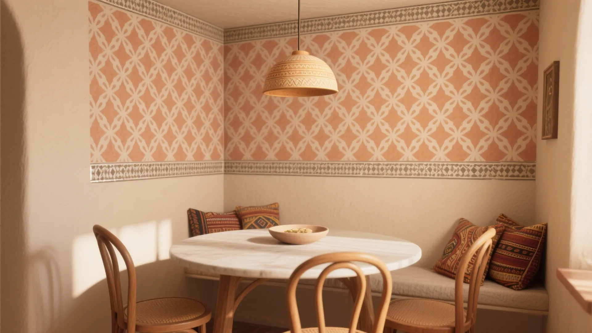 Compact dining nook with a two-tone Moroccan trellis stencil accent wall and warm boho decor.