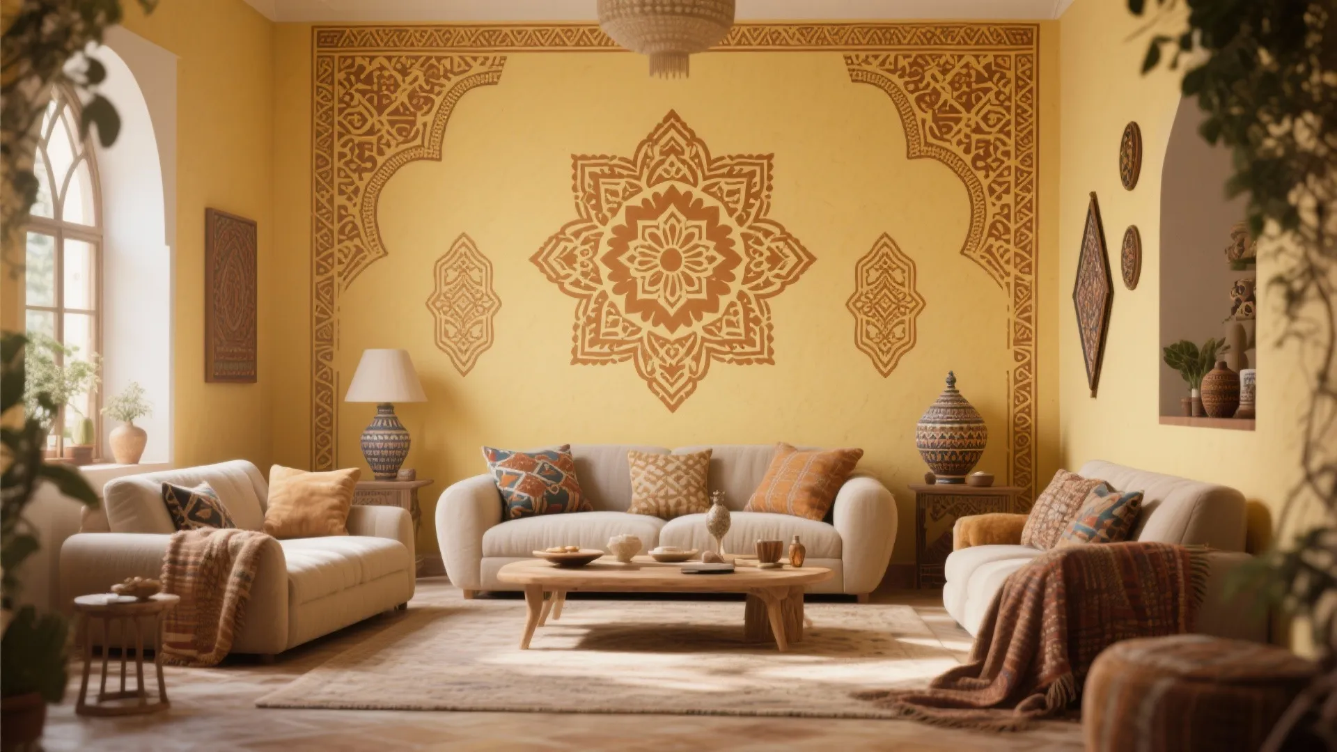 Moroccan living room with yellow walls featuring large brown patterns and white sofas with cushions