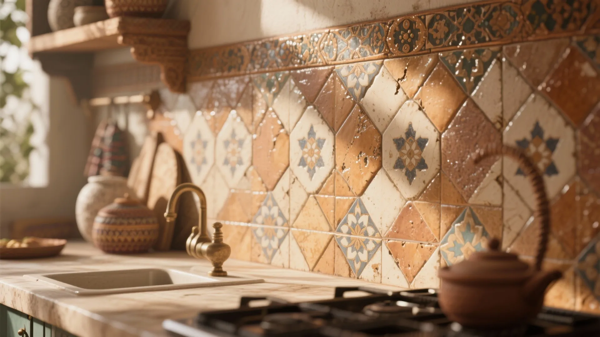 Close up of rustic patterned kitchen wall tiles with brass water tap and wooden counter top
