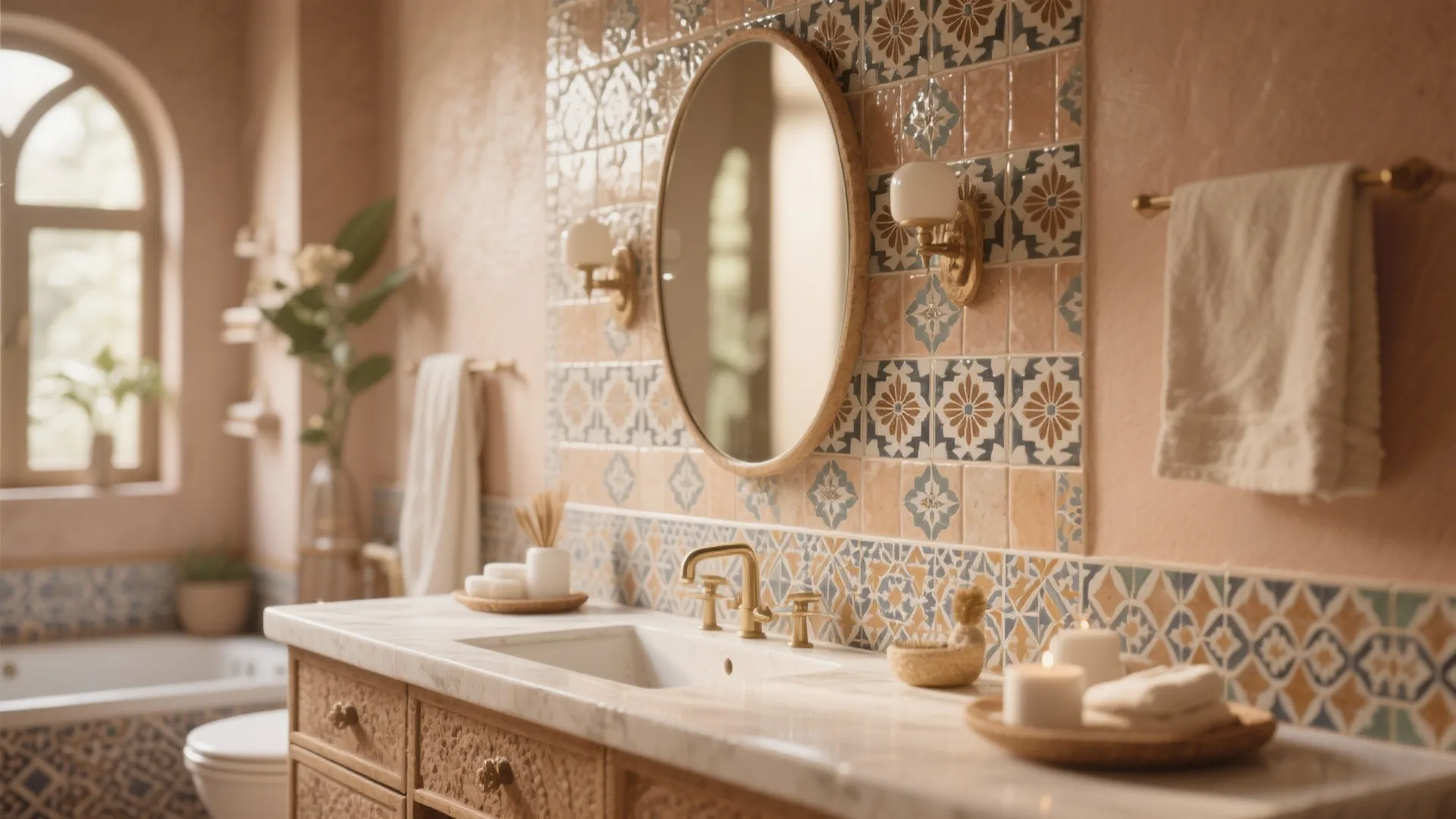 Warm bathroom featuring patterned wall tiles round mirror gold wall light and wood storage cabinet
