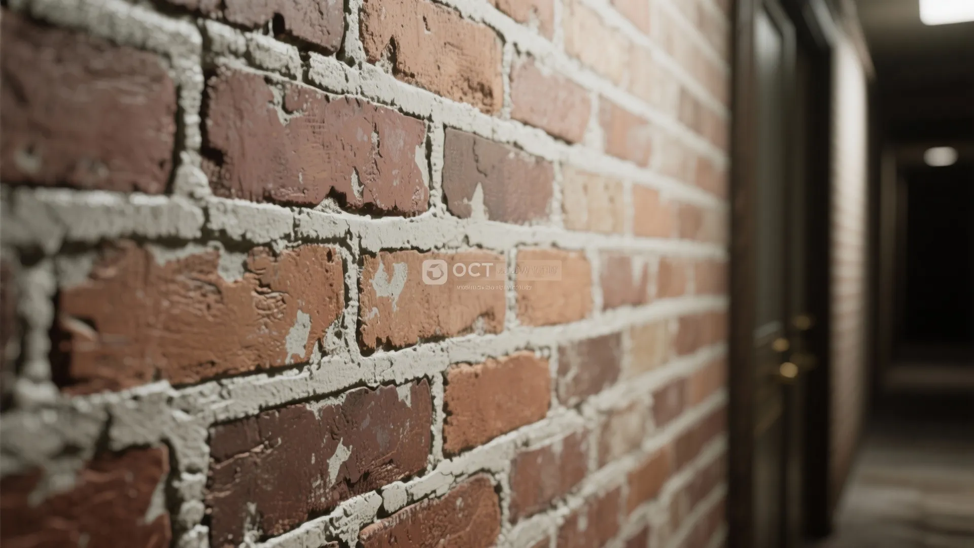 Side view of a red brick wall with thick white grout lines in a dimly hallway