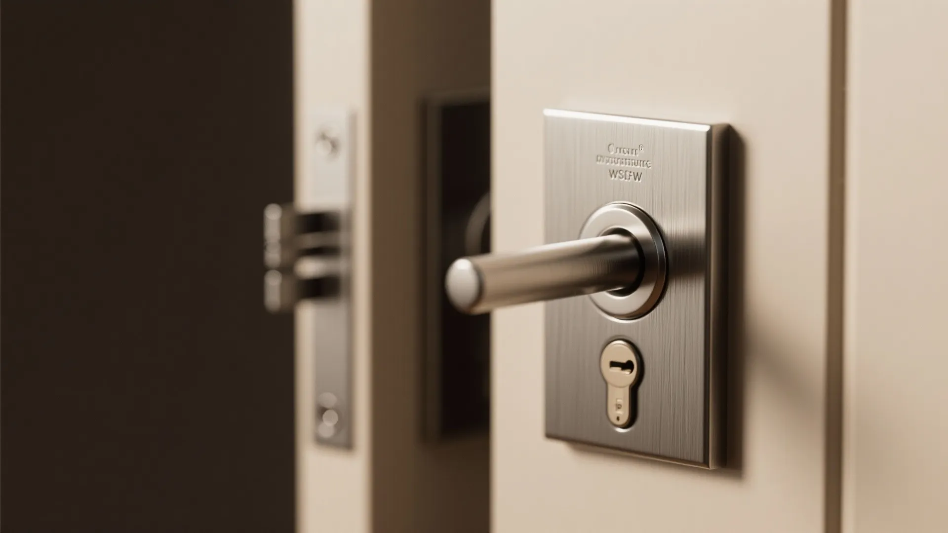 Close up of a brushed metal door handle with a keyhole on a white door
