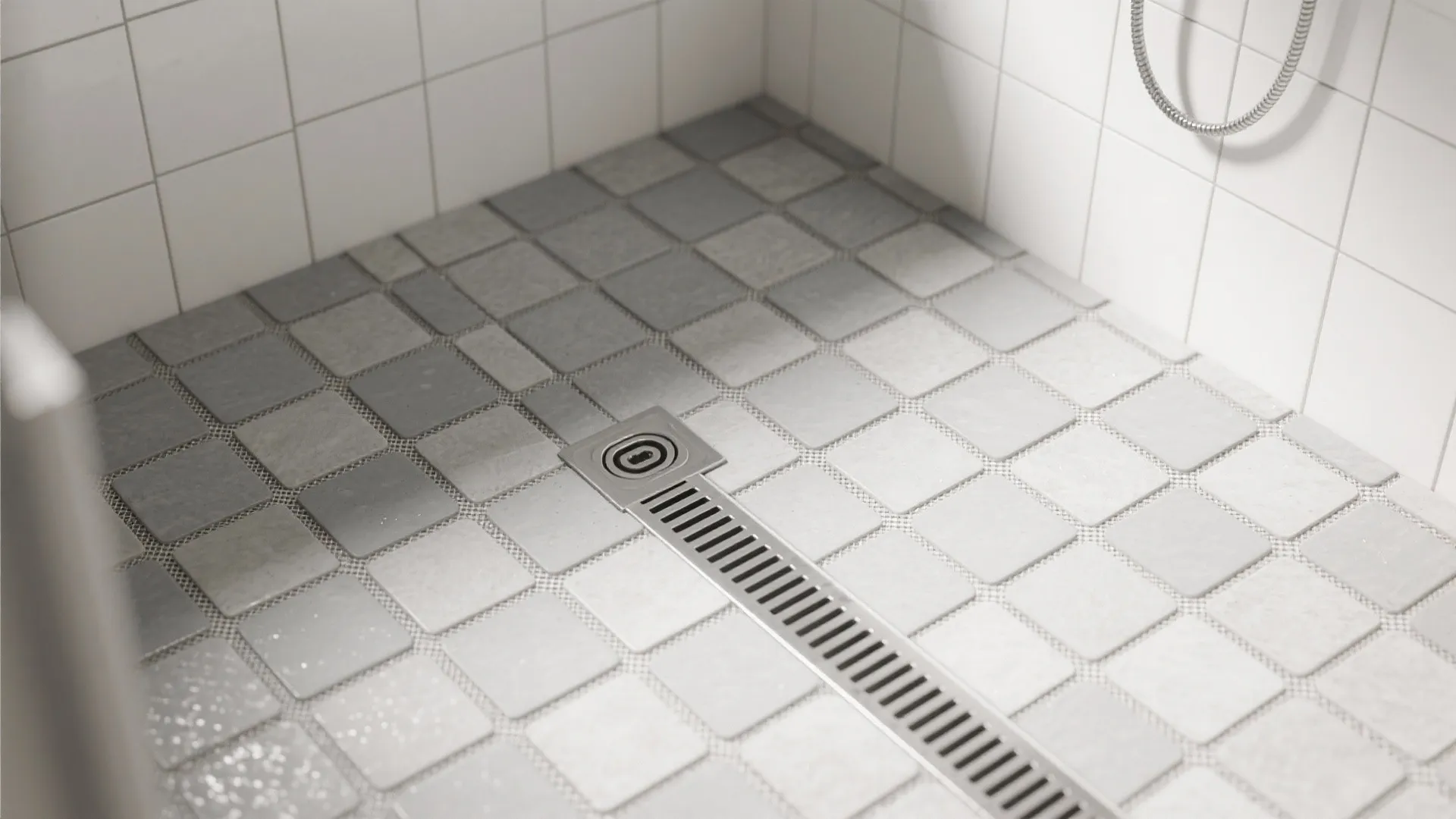Close up of shower floor with grey stone tiles and a long metal water drain