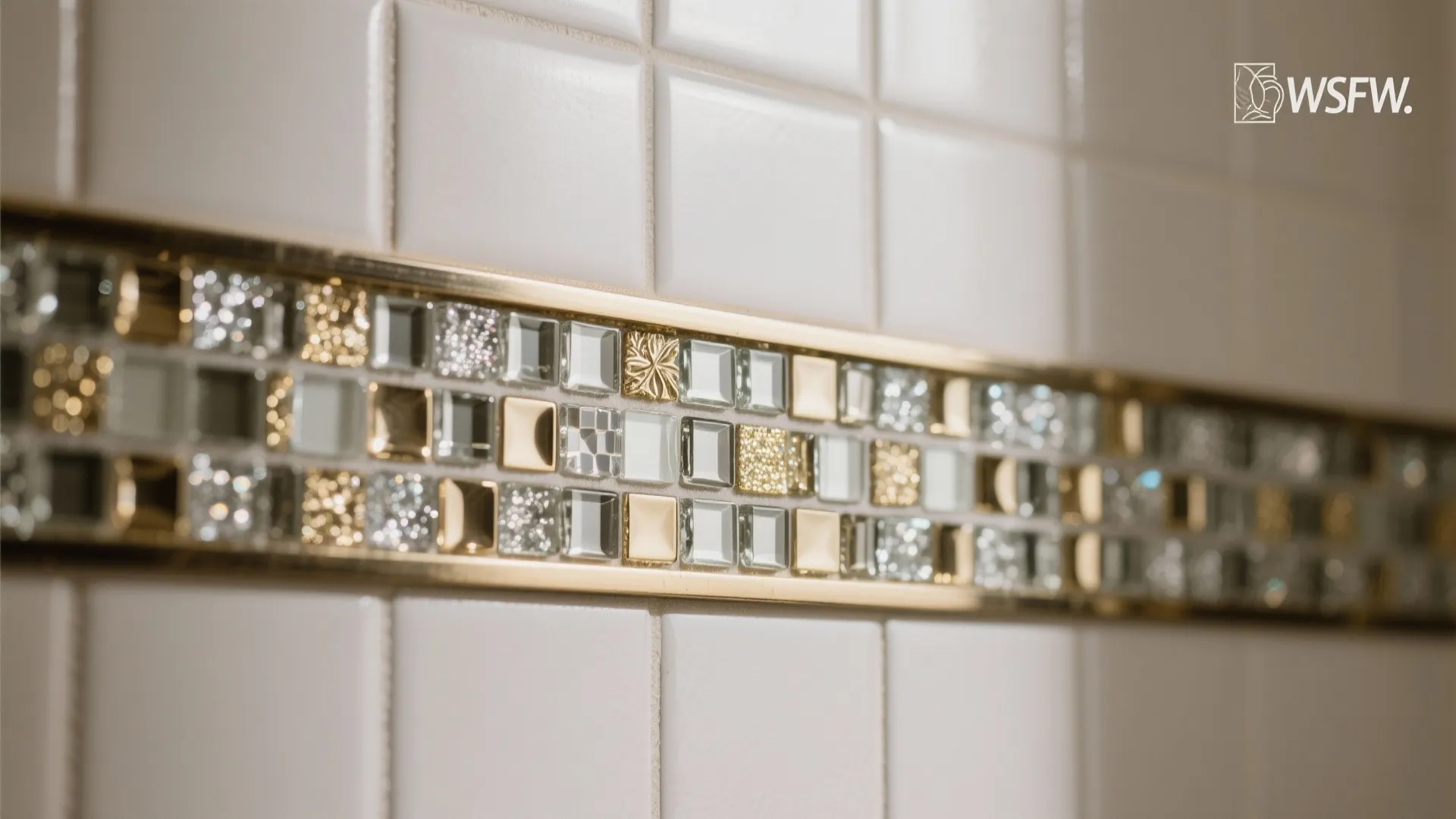 Decorative mosaic wall tile border with gold and silver glass squares on white bathroom walls