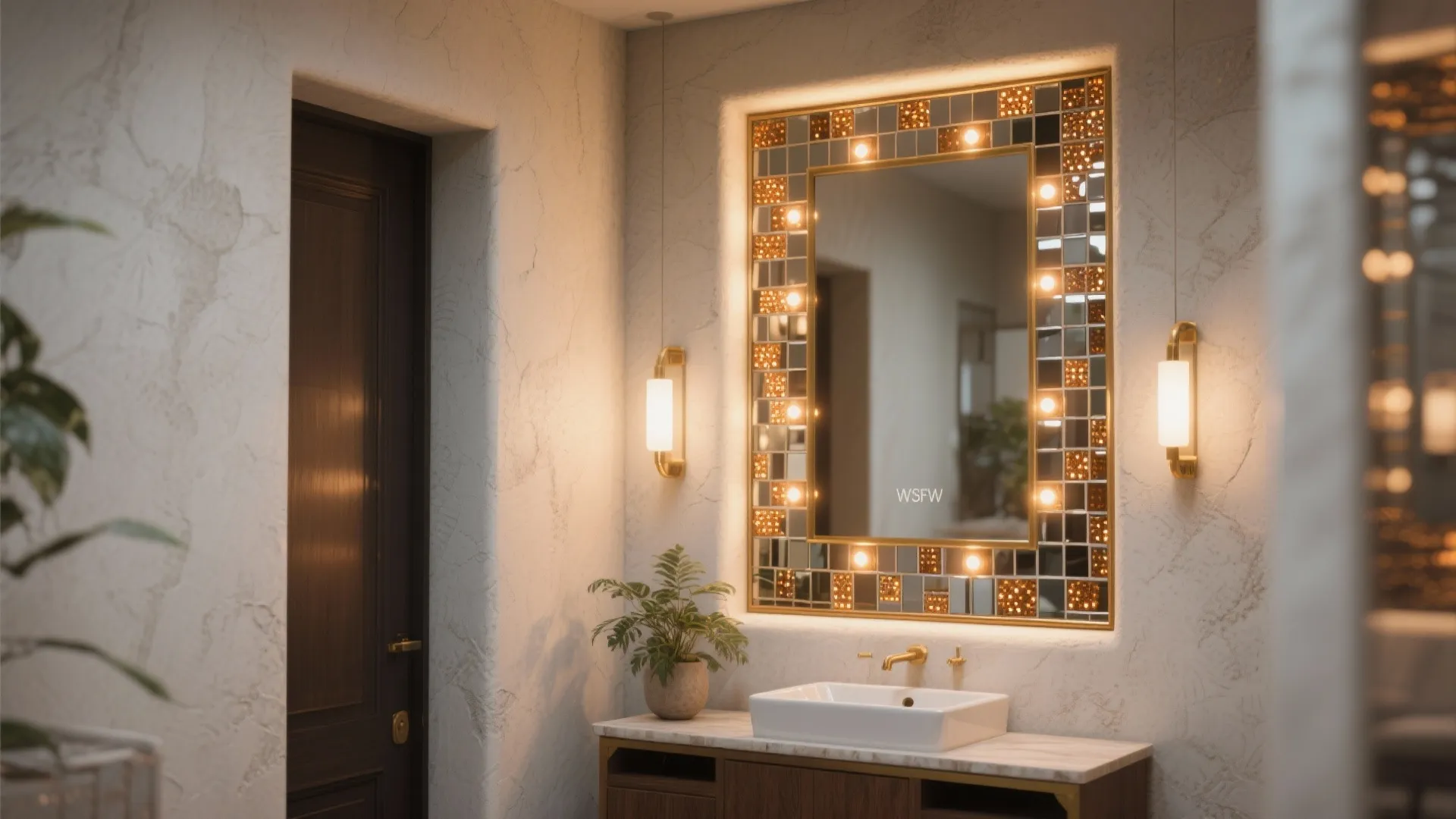 5. Mosaic or Accent Mirror with Embedded Spots — artisanal and layered
