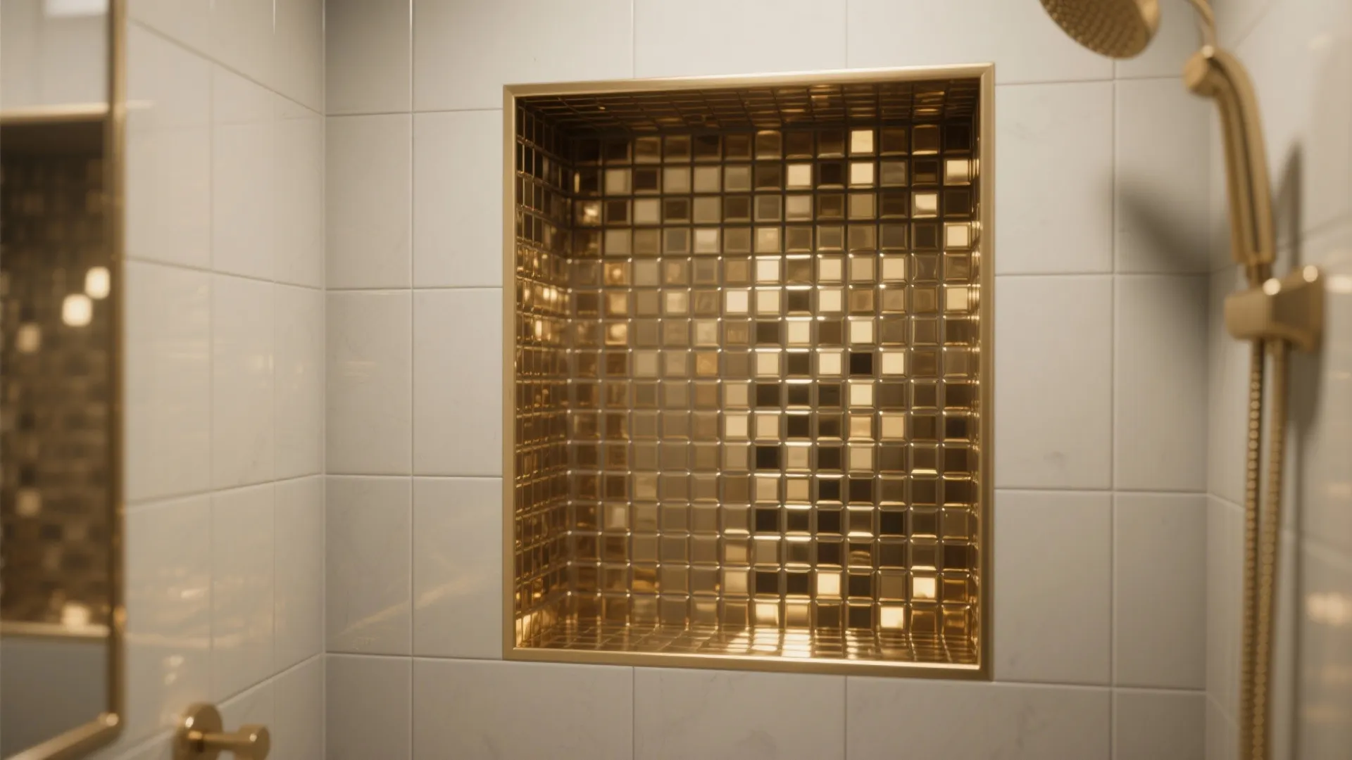 Shower wall with a gold square tile shelf built into the white square tile wall