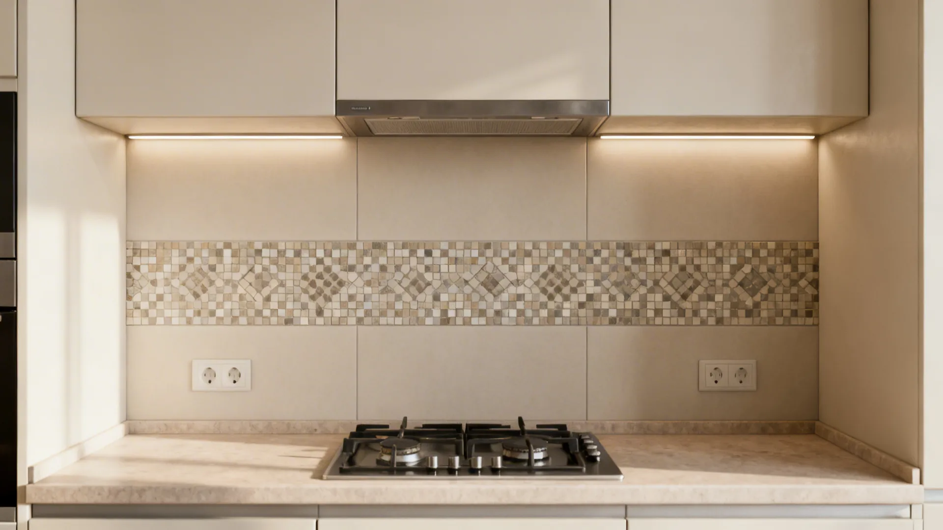 Small kitchen with a narrow patterned mosaic accent band behind the hob.