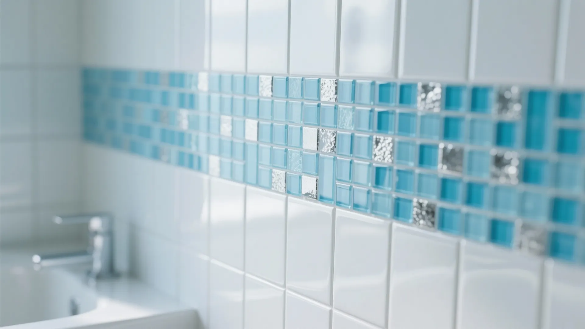 Close up of white wall tiles with blue mosaic accent strip near a silver faucet
