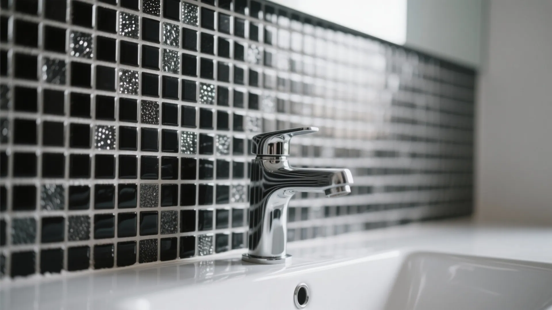 Close-up of black and white mosaic tile backsplash