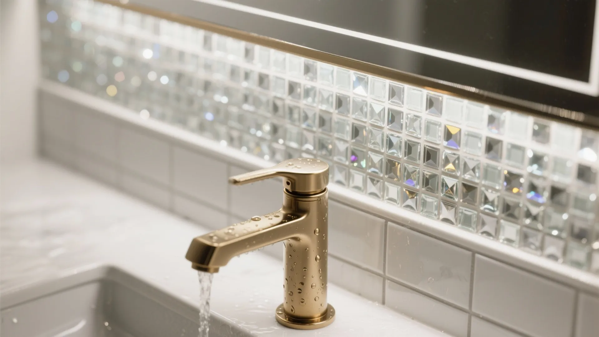 Modern gold faucet with running water on white sink and shiny glass mosaic wall tiles