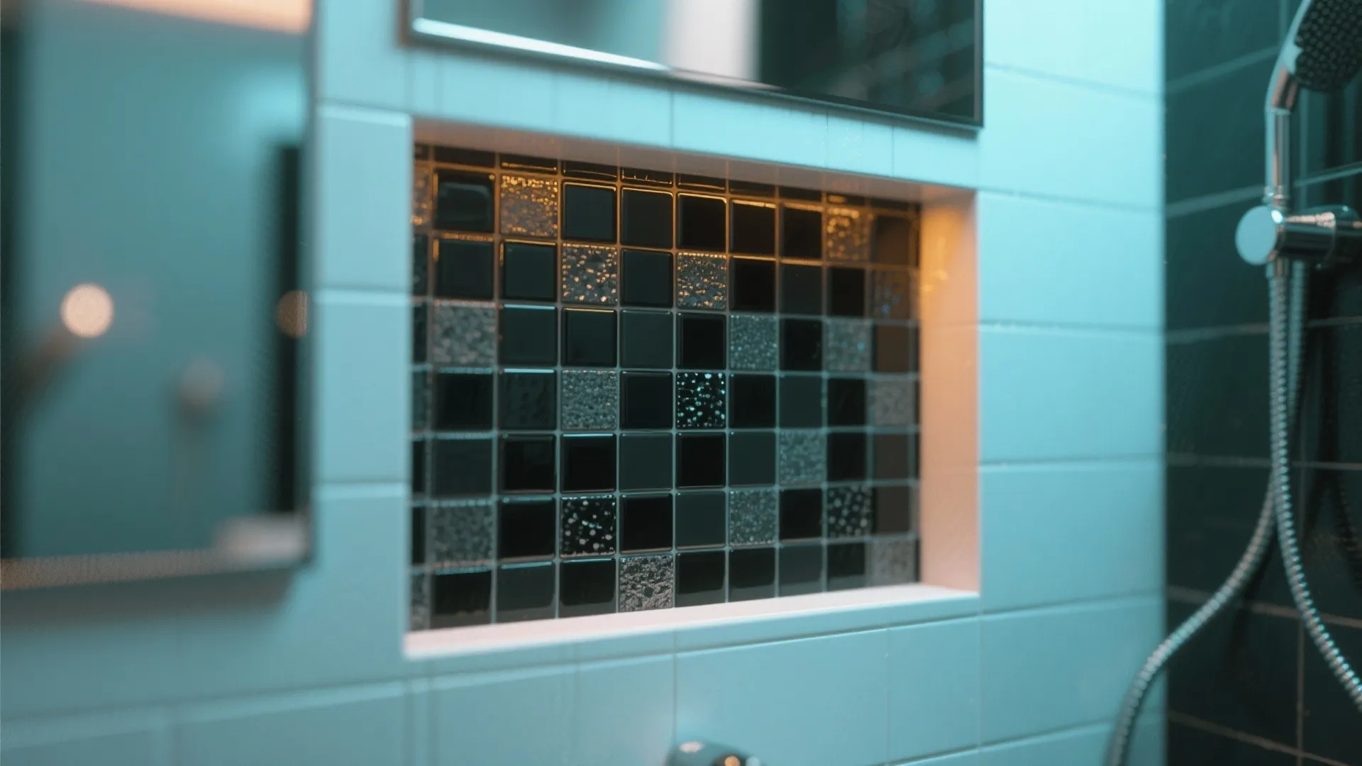 Close up view of a bathroom wall shelf with decorative black and grey mosaic tiles