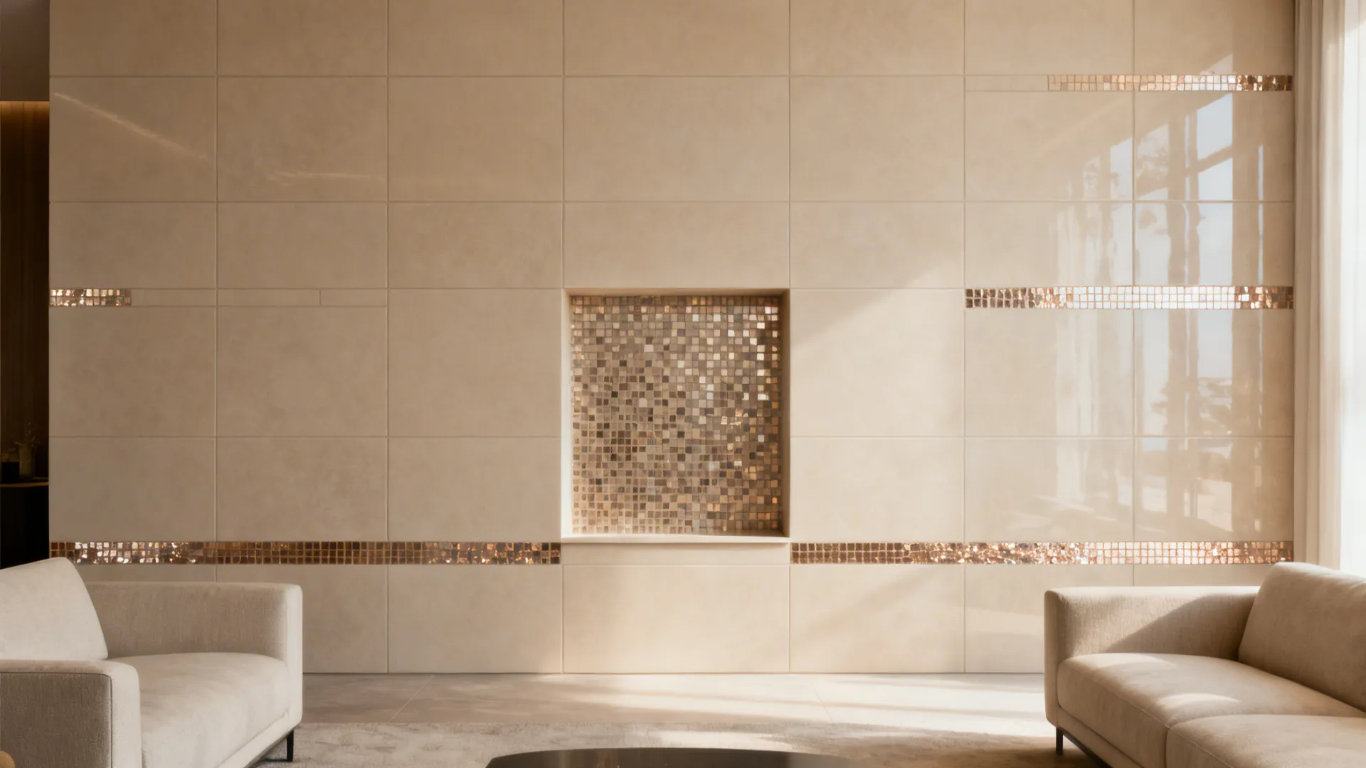 Minimal living room niche framed by a slim mosaic reveal with mixed finishes.