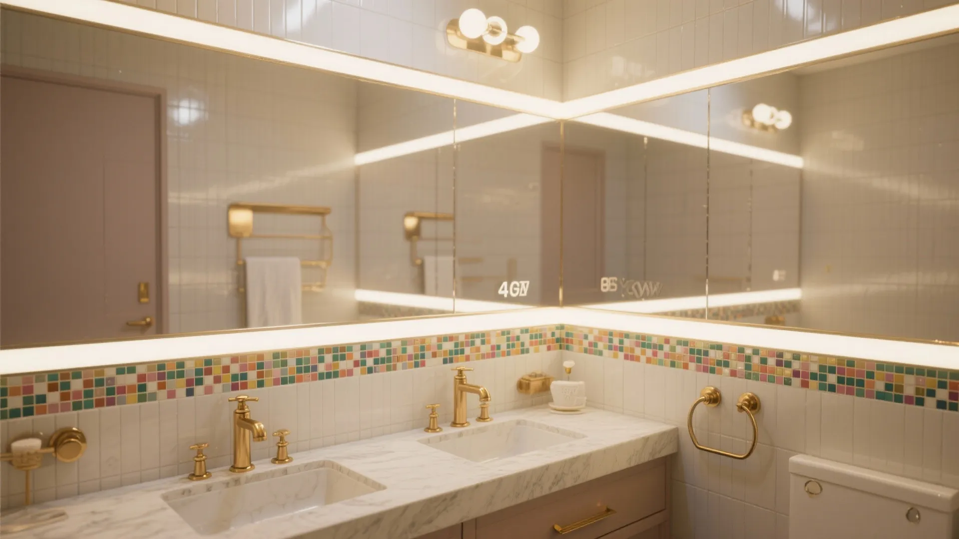 Powder room with a mirrored mosaic accent band and glossy walls, layered warm lighting and brass fixtures.