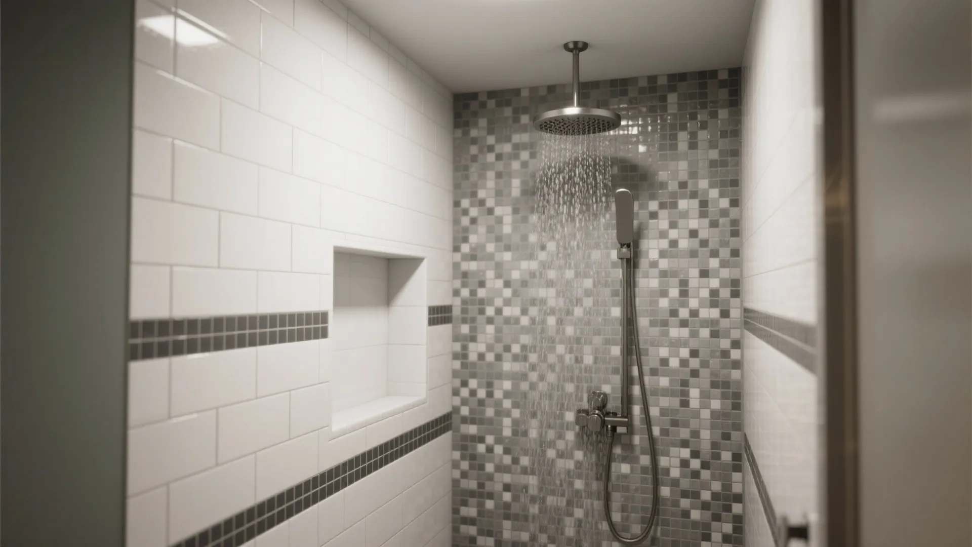 3. Pattern Play: Grey Mosaic Accent Wall in White Shower