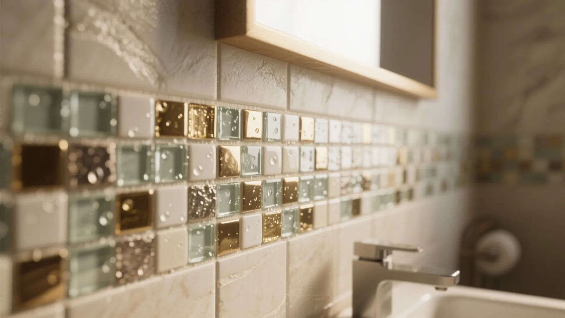 Close up of decorative gold and glass mosaic tiles on a bathroom wall above sink