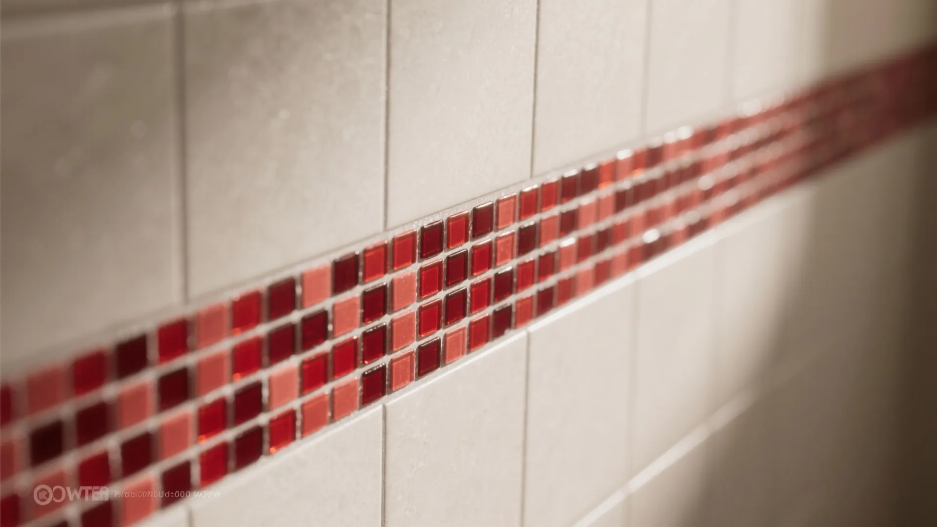 Close up of white wall tiles with a horizontal red mosaic decorative strip for bathroom