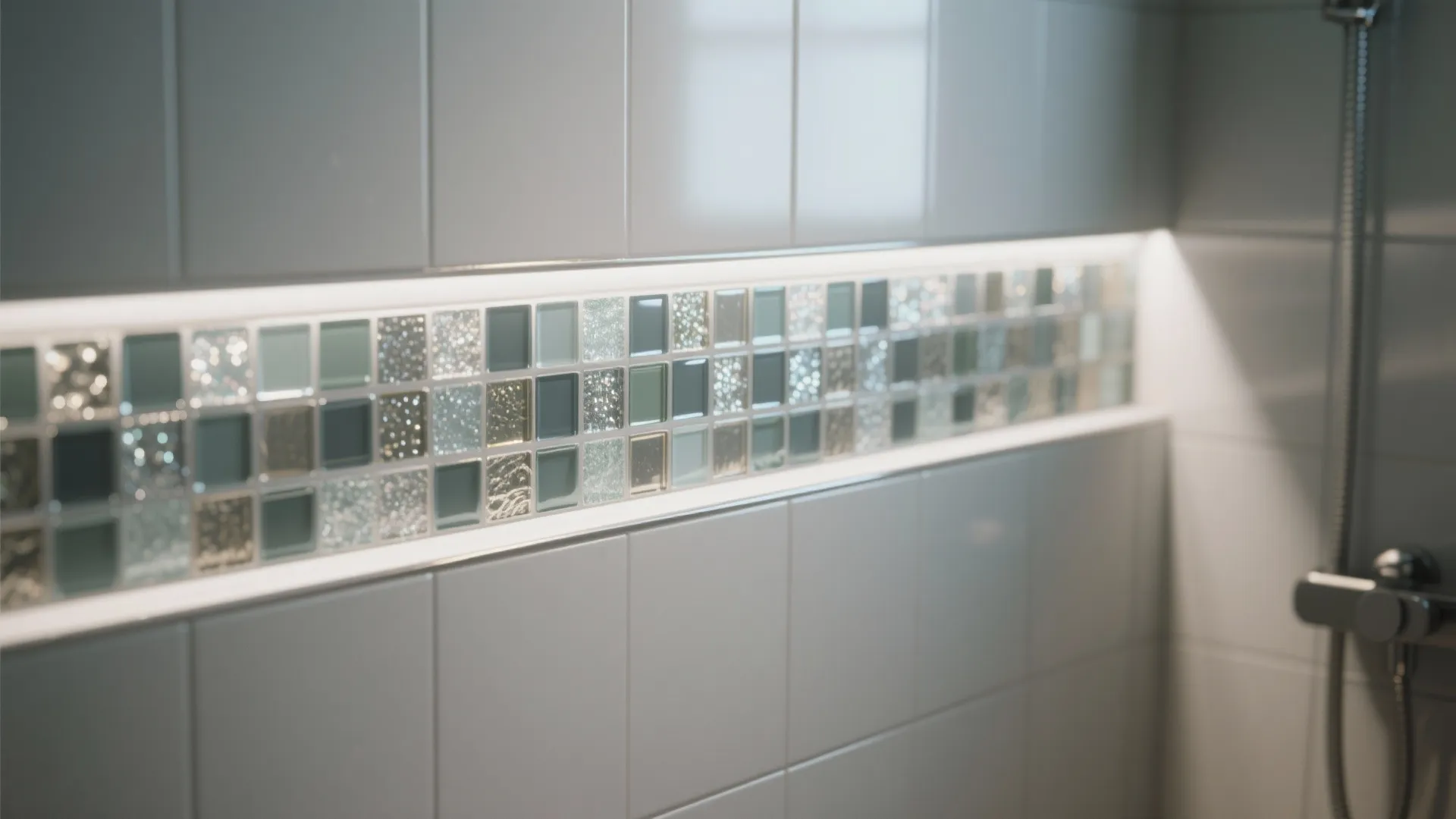 Horizontal glass mosaic accent strip in a small shower adding texture and visual scale.
