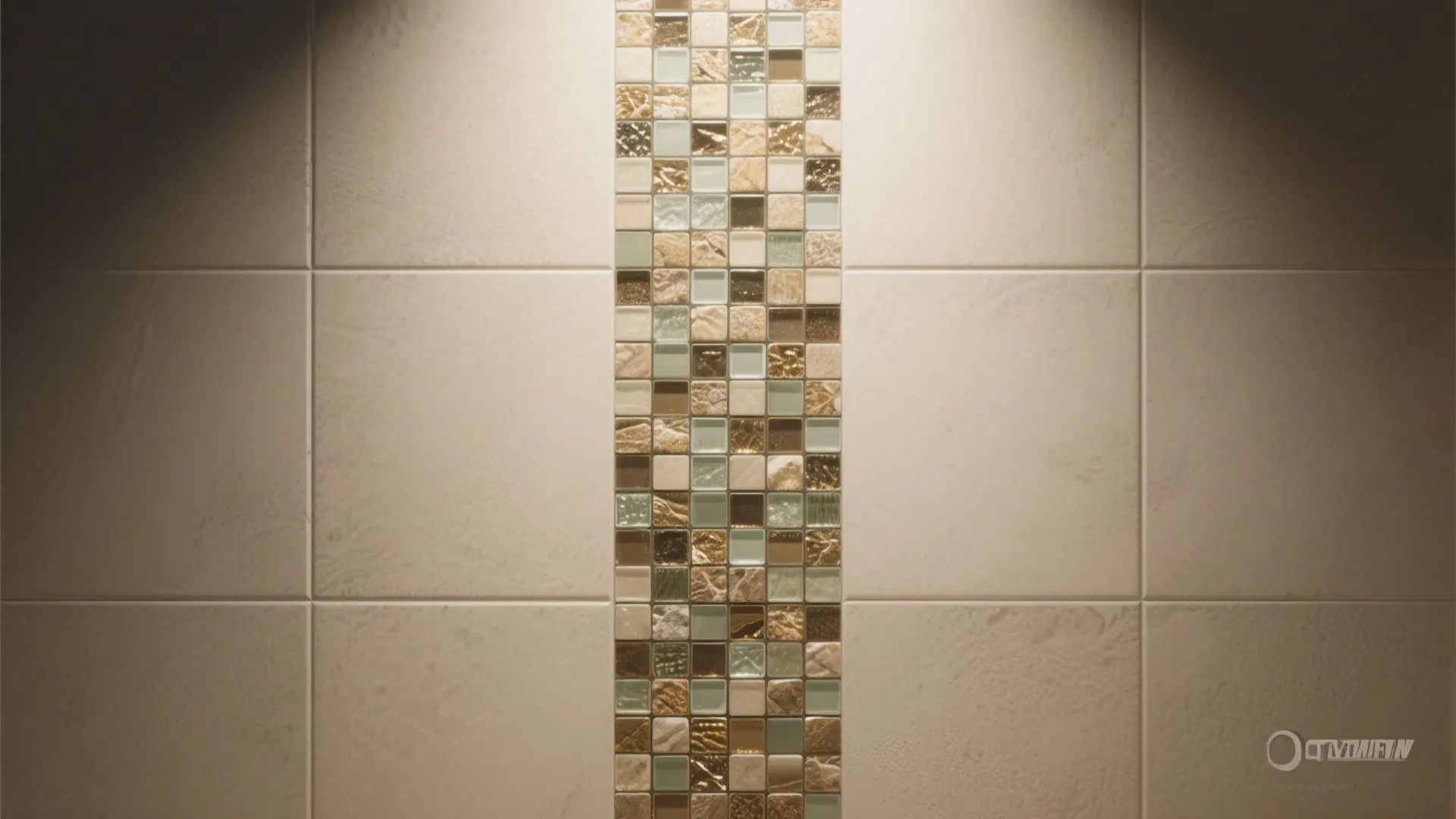 Large beige wall tiles with a vertical strip of colorful mosaic tiles in the center