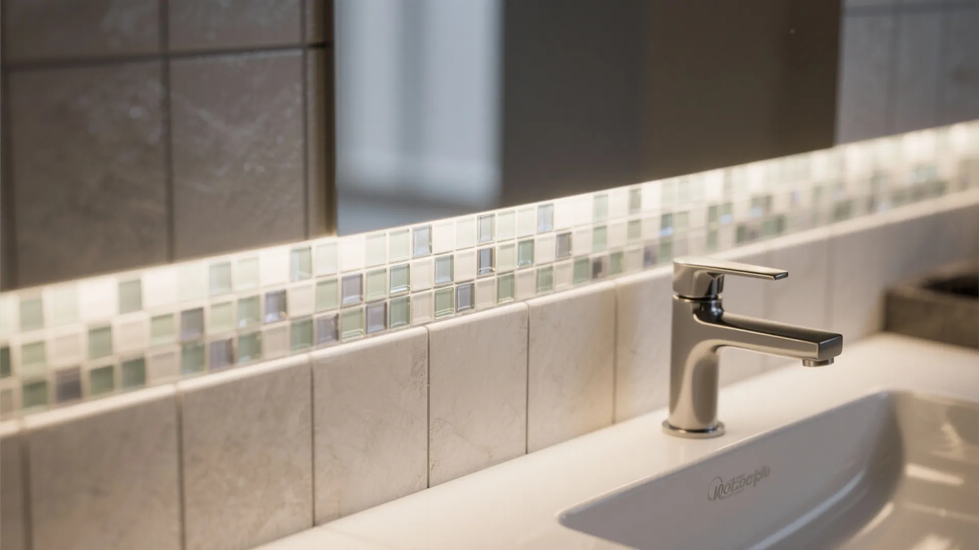 Modern bathroom sink area with a silver faucet and small mosaic tile border along the wall