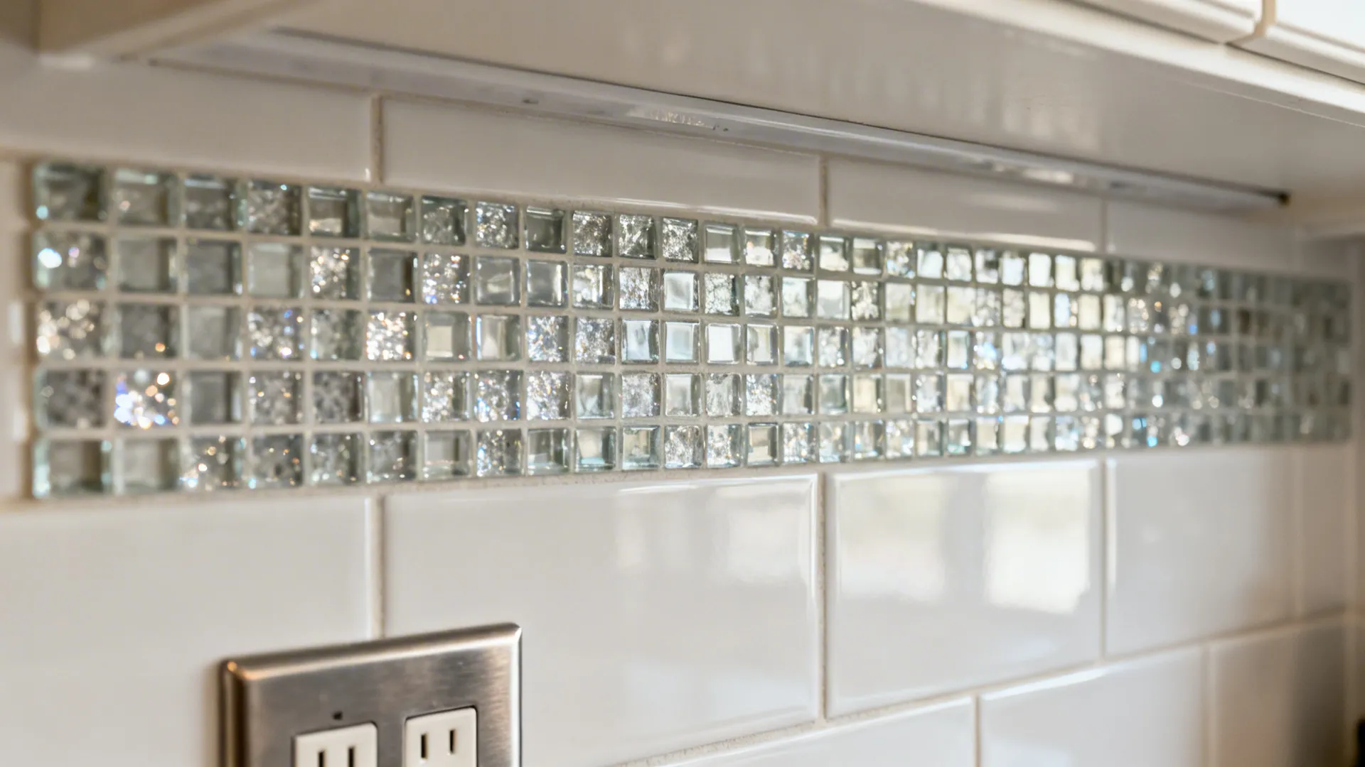 Macro detail of a glass mosaic accent band above matte porcelain field tiles in a coffee nook.