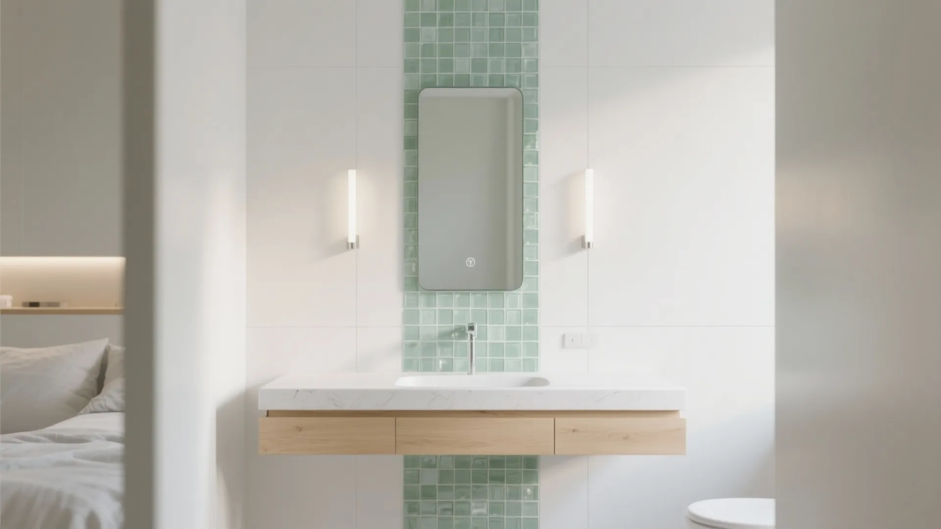 Vertical pale green glass mosaic accent behind vanity mirror in a bright small bathroom.