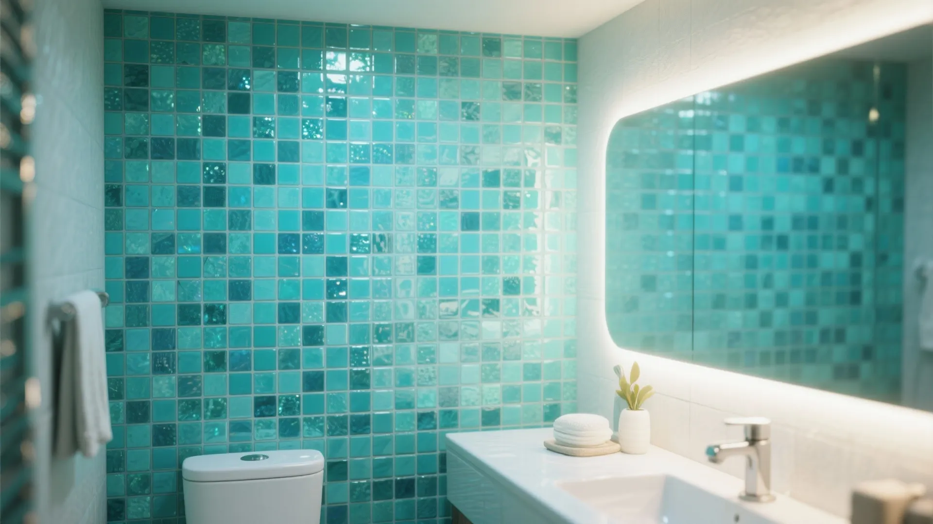 Modern bathroom featuring blue mosaic wall tiles white sink cabinet and large mirror with lights