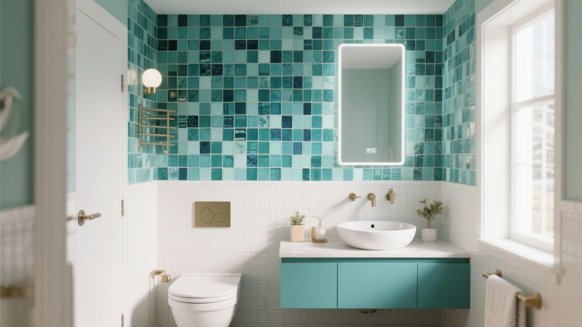 Modern bathroom with turquoise mosaic wall tiles white toilet blue cabinet mirror and gold wall light