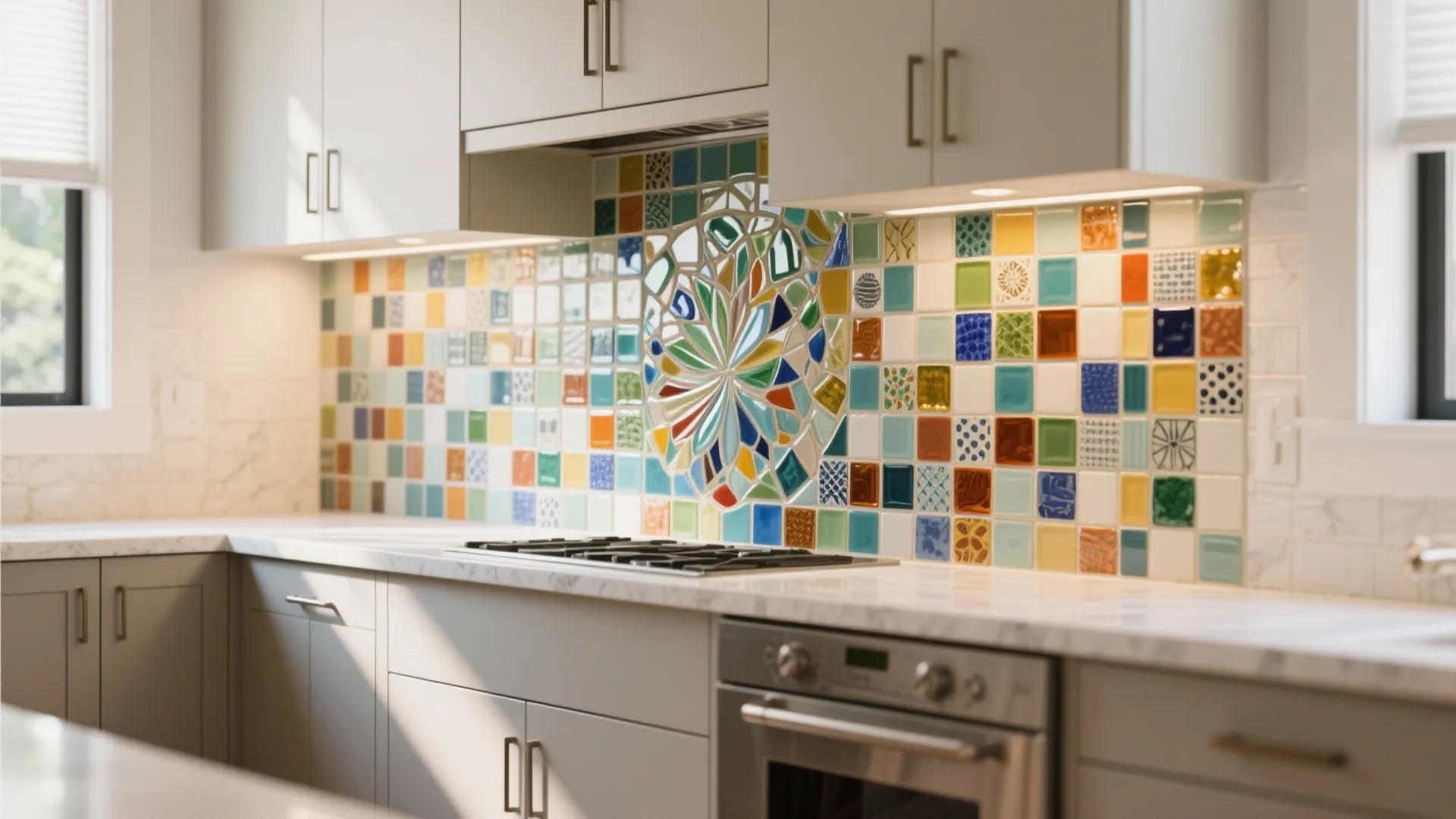 Bright kitchen featuring white cabinets and colorful mosaic wall tiles with a large flower pattern