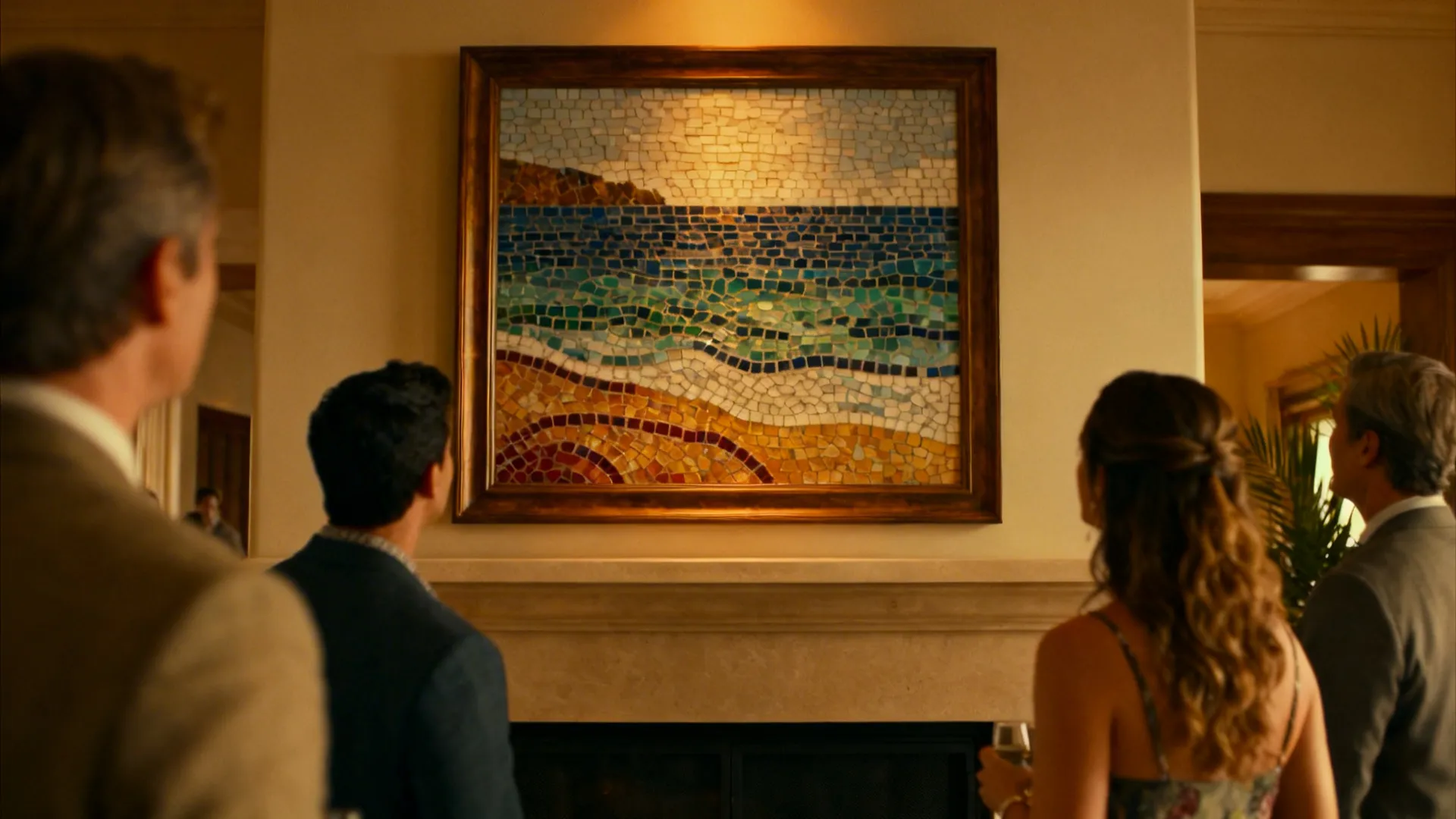 Framed mosaic tile art panel mounted above a console with vivid seaside-inspired pattern