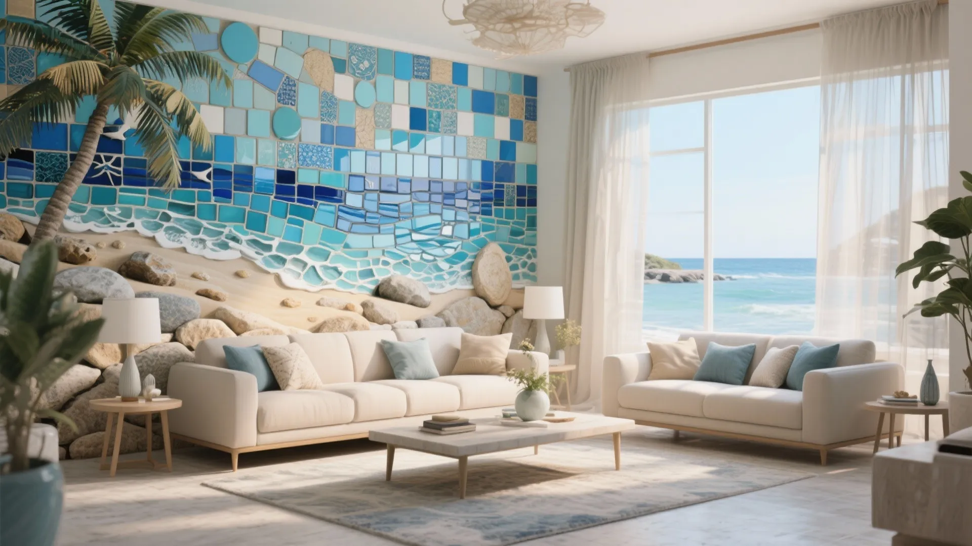 Beach themed living room with blue mosaic wall art white sofas and ocean view windows