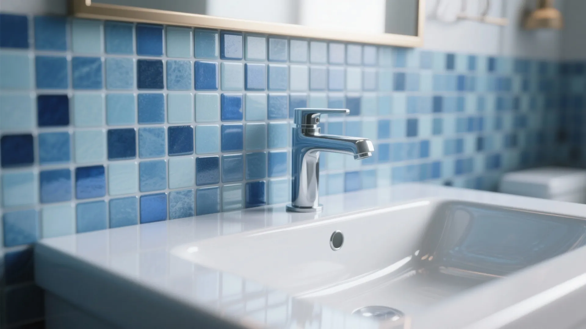 Modern bathroom sink with chrome water tap and blue mosaic wall tiles in different shades