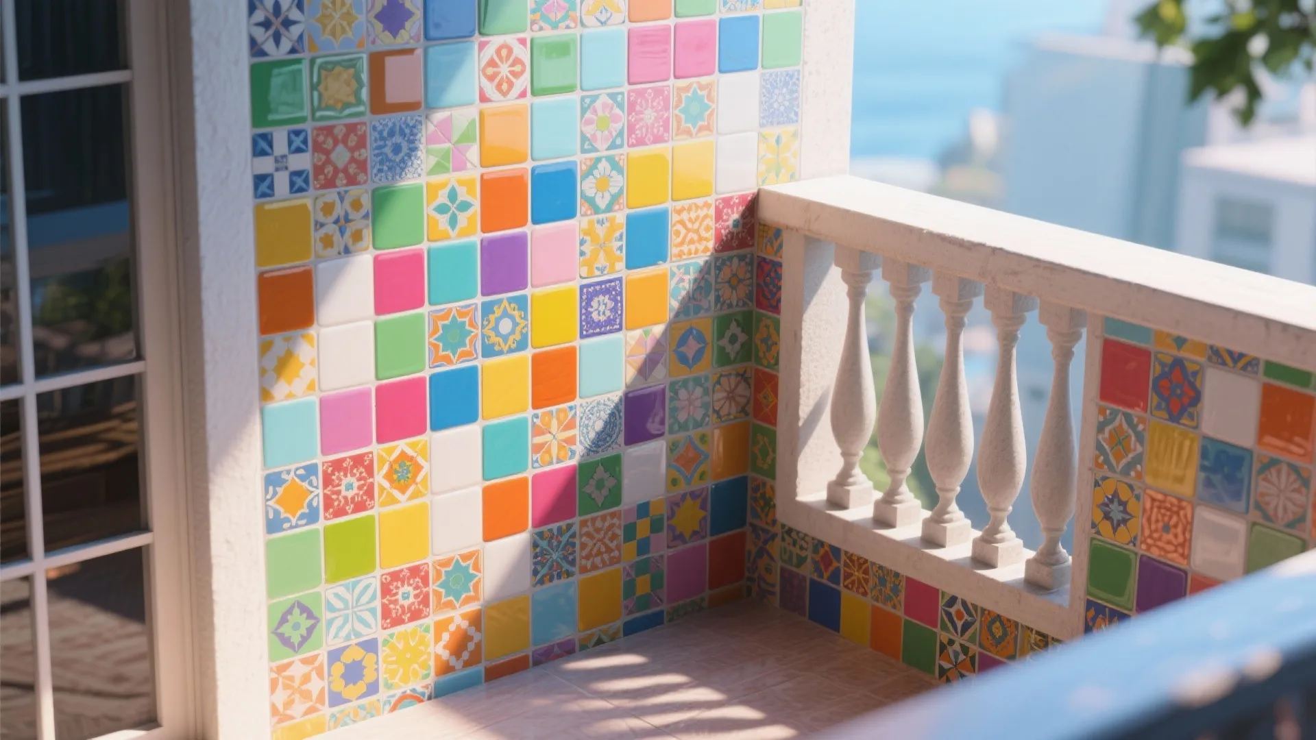 Outdoor balcony featuring colorful patterned wall tiles and a white stone railing under bright sunlight