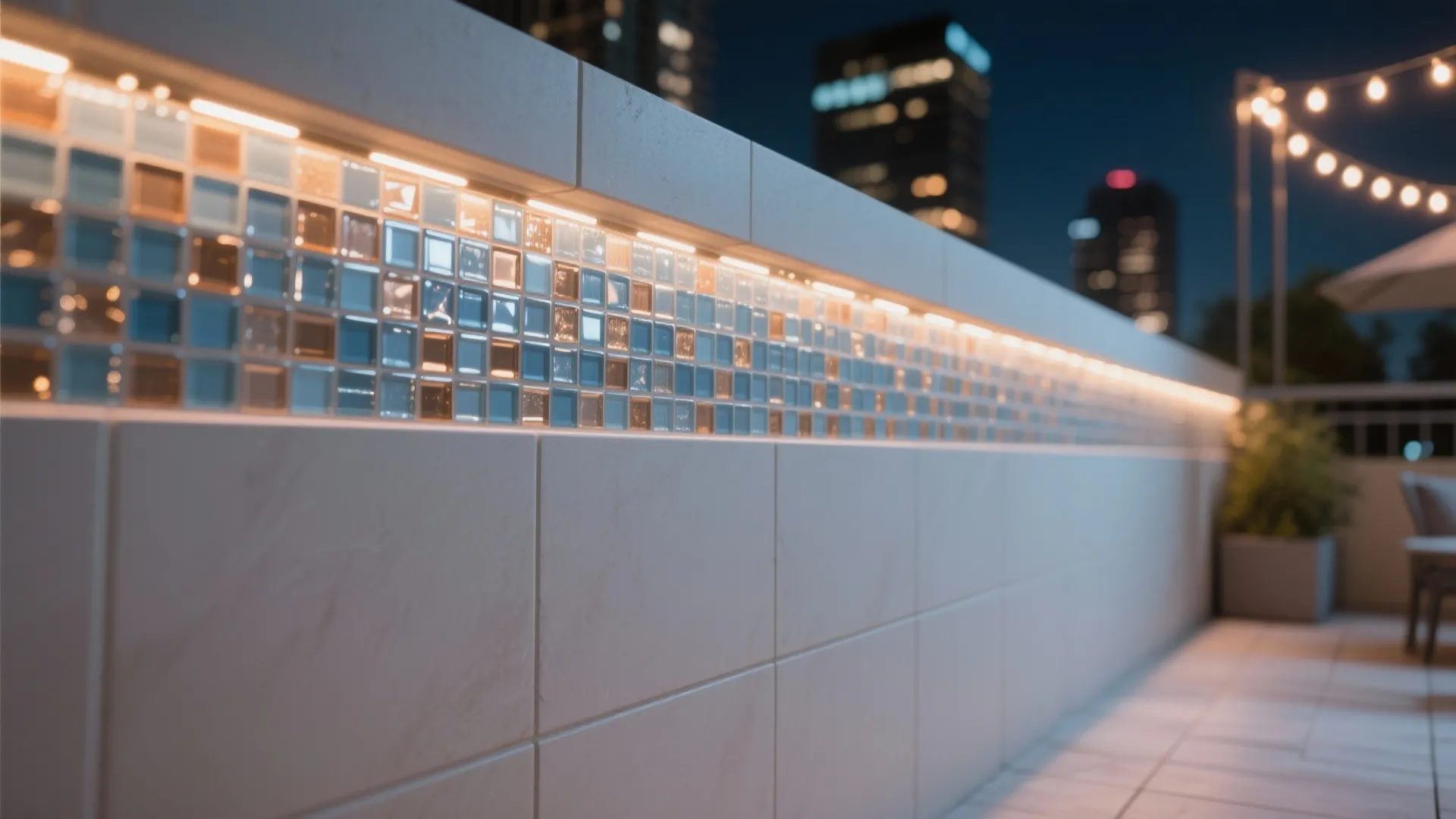 Outdoor wall with blue small square tiles and light fixture showing city view at night