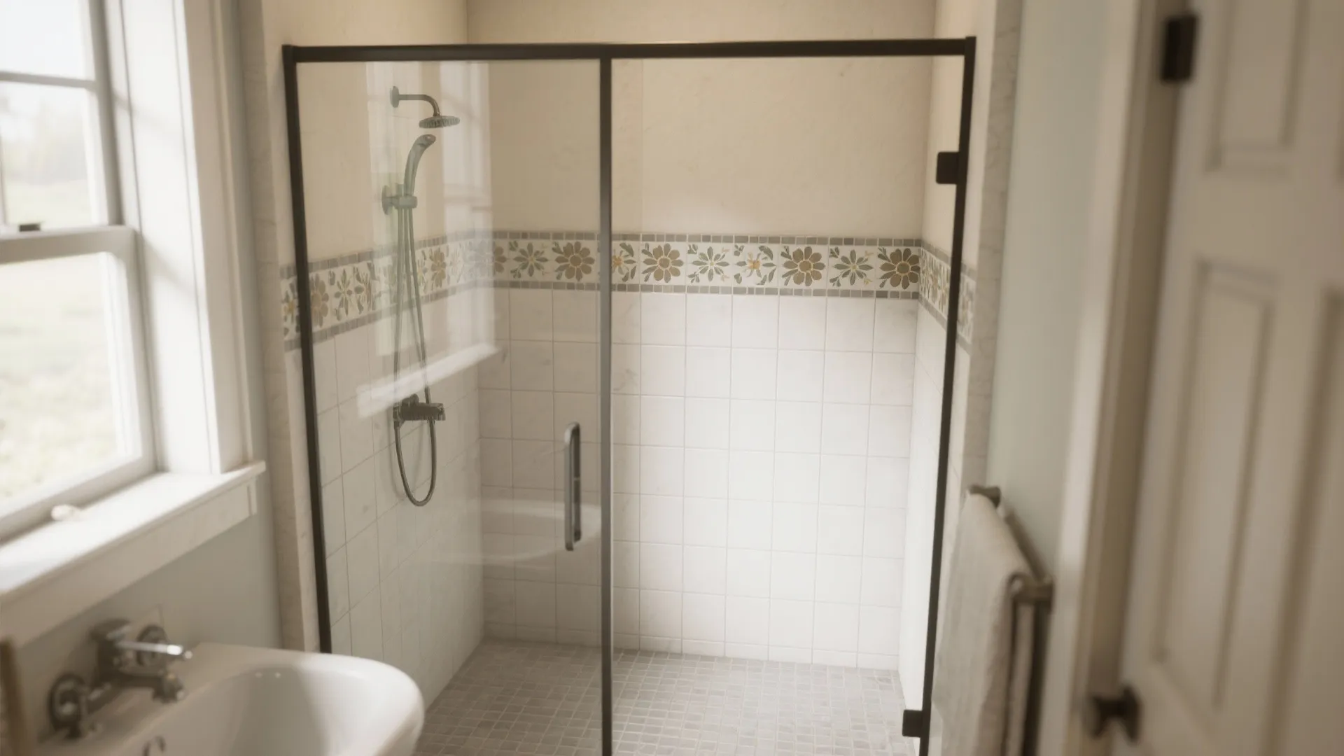Glass shower cabin with floral mosaic tile band, chrome shower head, and bright side window
