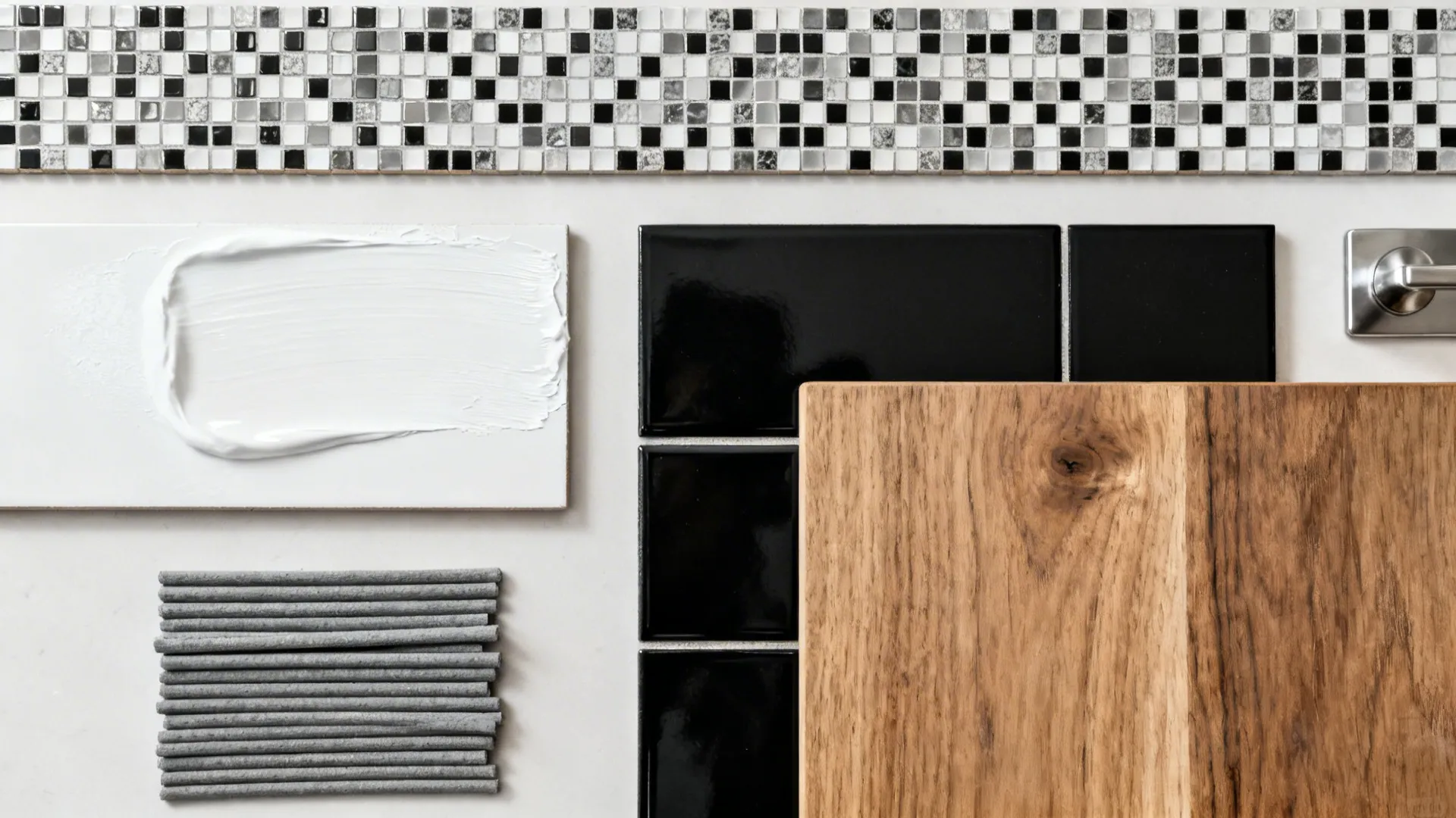 Flat lay with black-and-white mosaic band, matte black tile, white paint, grey grout, oak and stainless samples.