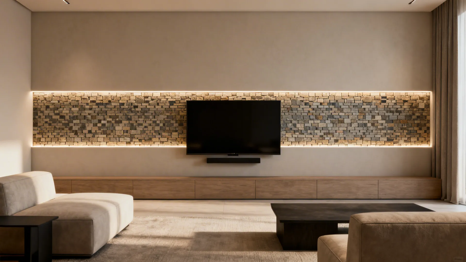 Modern living room featuring a horizontal mosaic stone tile band behind a TV with subtle LED uplighting
