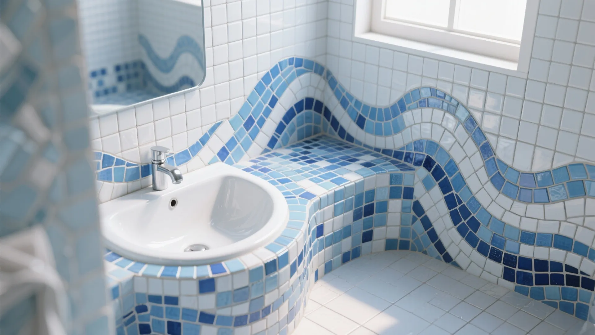 Blue and white wave mosaic tiles in basin corner