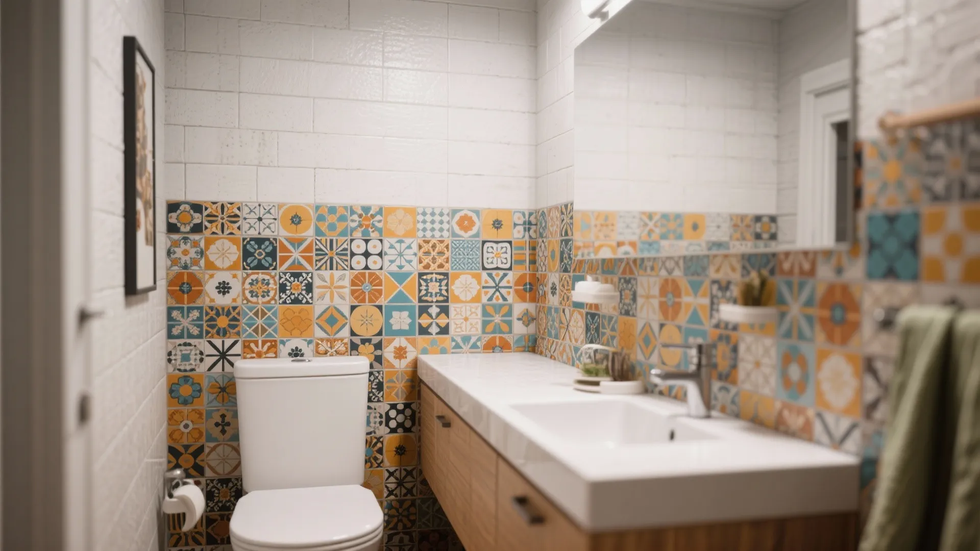 Modern bathroom with colorful patterned wall tiles white sink wooden cabinet and a white toilet
