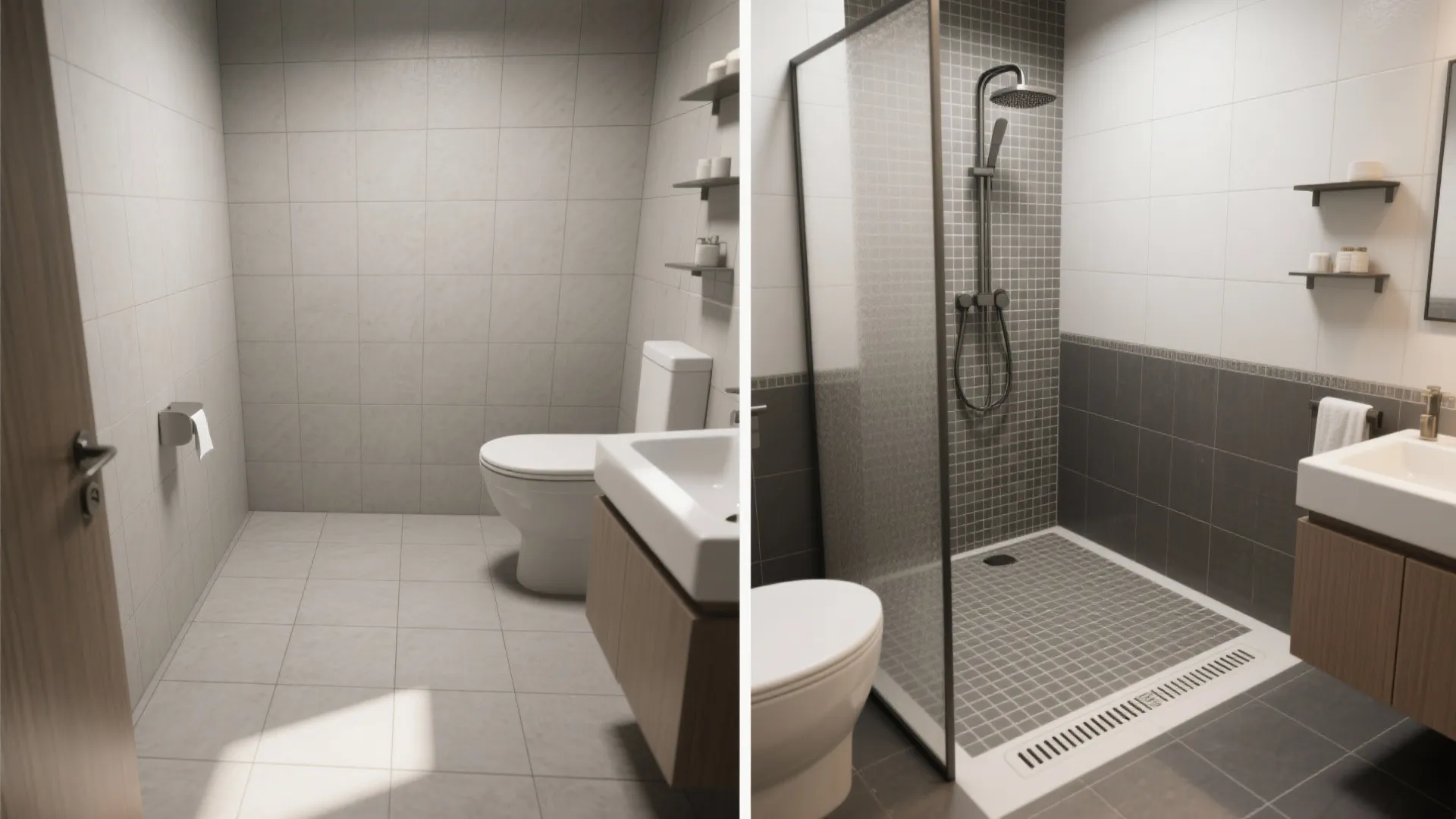 Before and after comparison of bathroom renovation from basic layout to modern shower with mosaic tiles