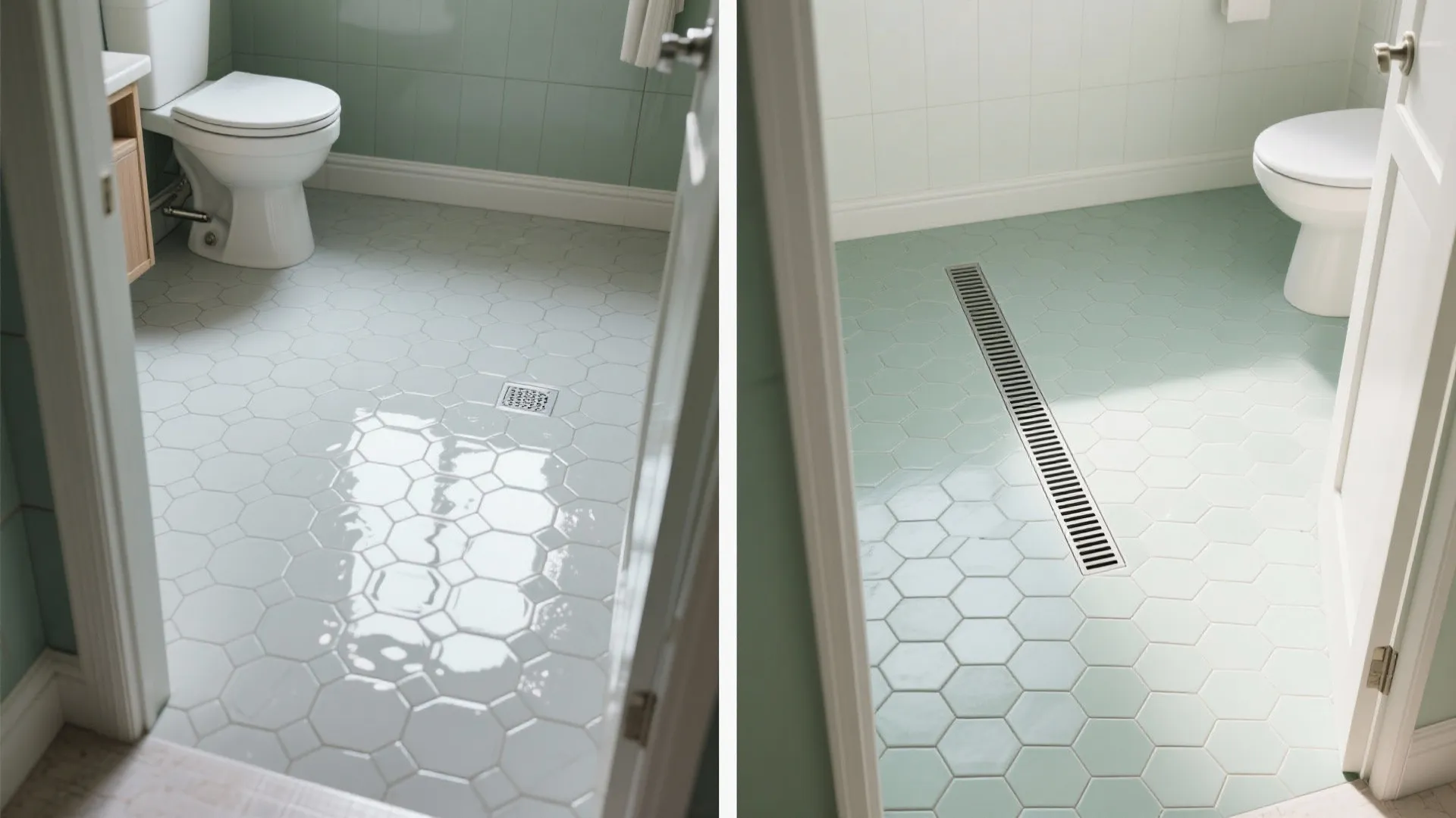 Split view showing glossy tile before and matte hex mosaic after with improved traction.