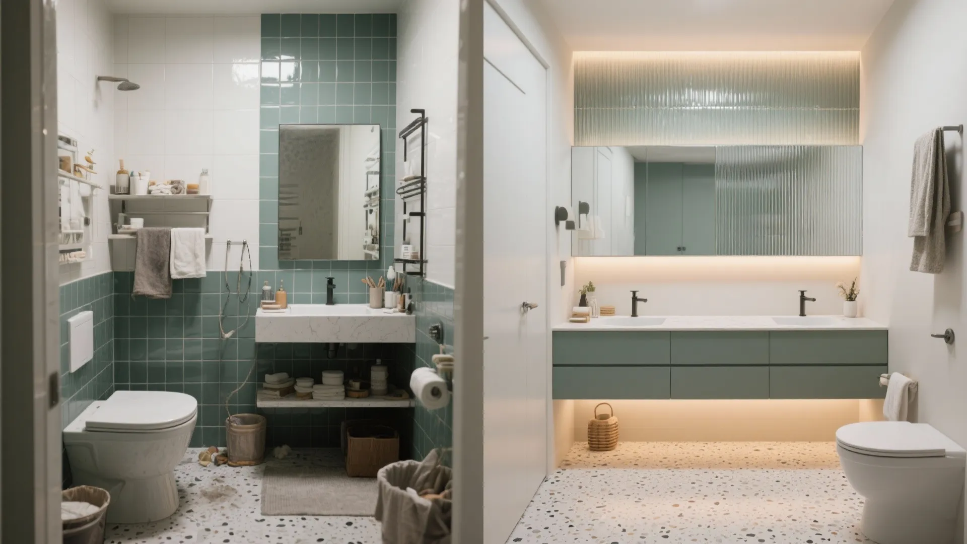 Before-and-after of a small bathroom, transformed with ribbed glass accents and seamless textures.