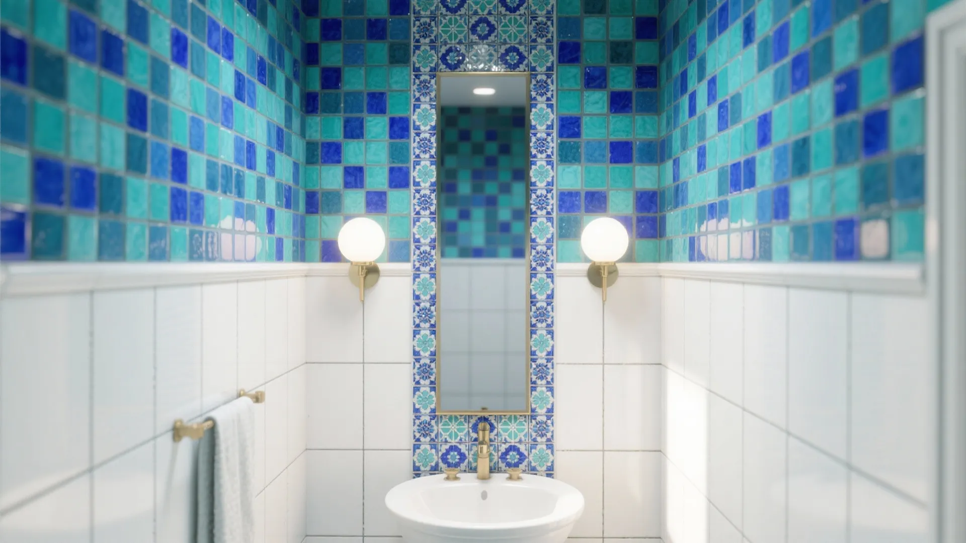 Vanity wall with a vertical Moroccan-style blue mosaic accent band.