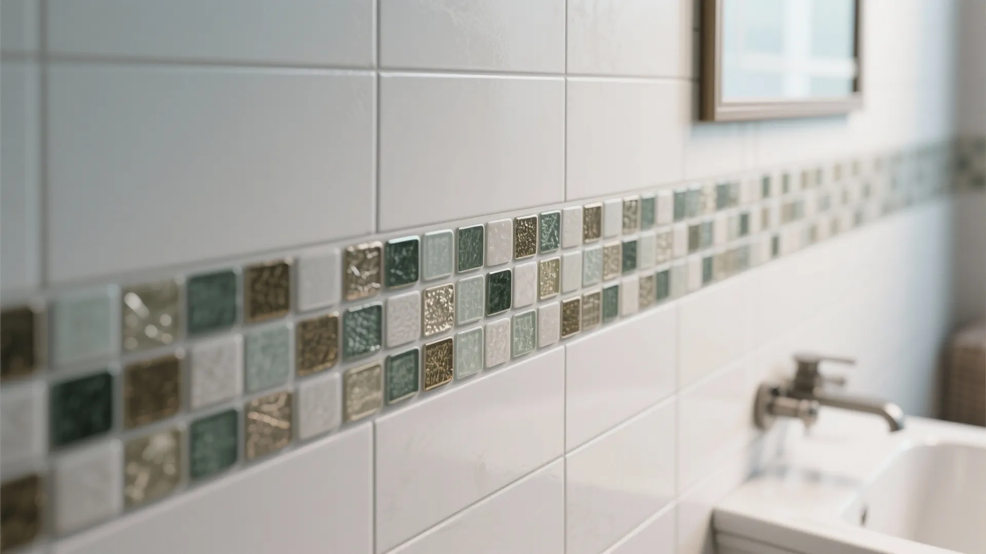Close up of white wall tiles with green mosaic decorative border in a bright clean bathroom