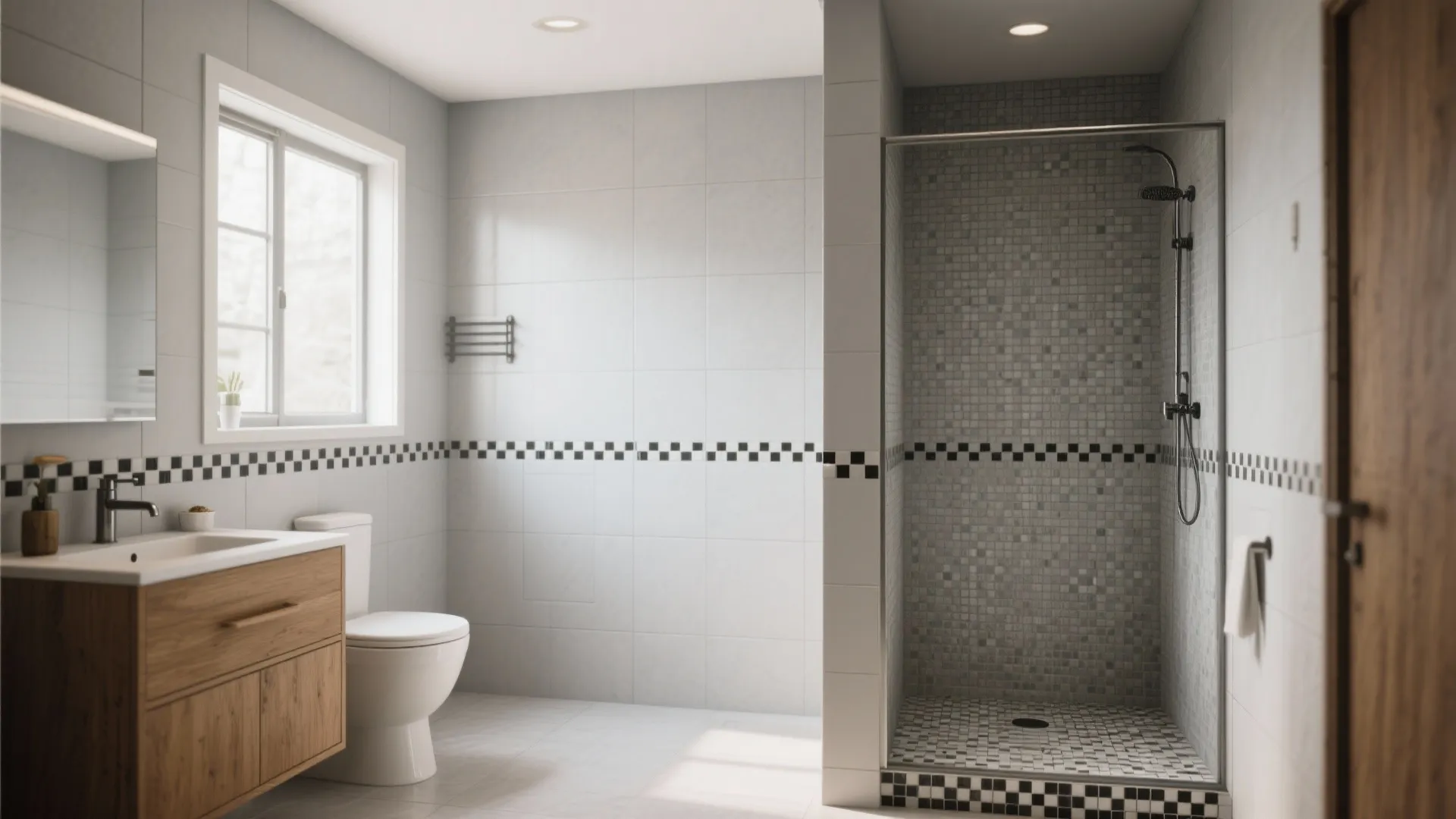 Bathroom with light-gray field tiles and a black-and-white mosaic border near the shower and wood vanity.