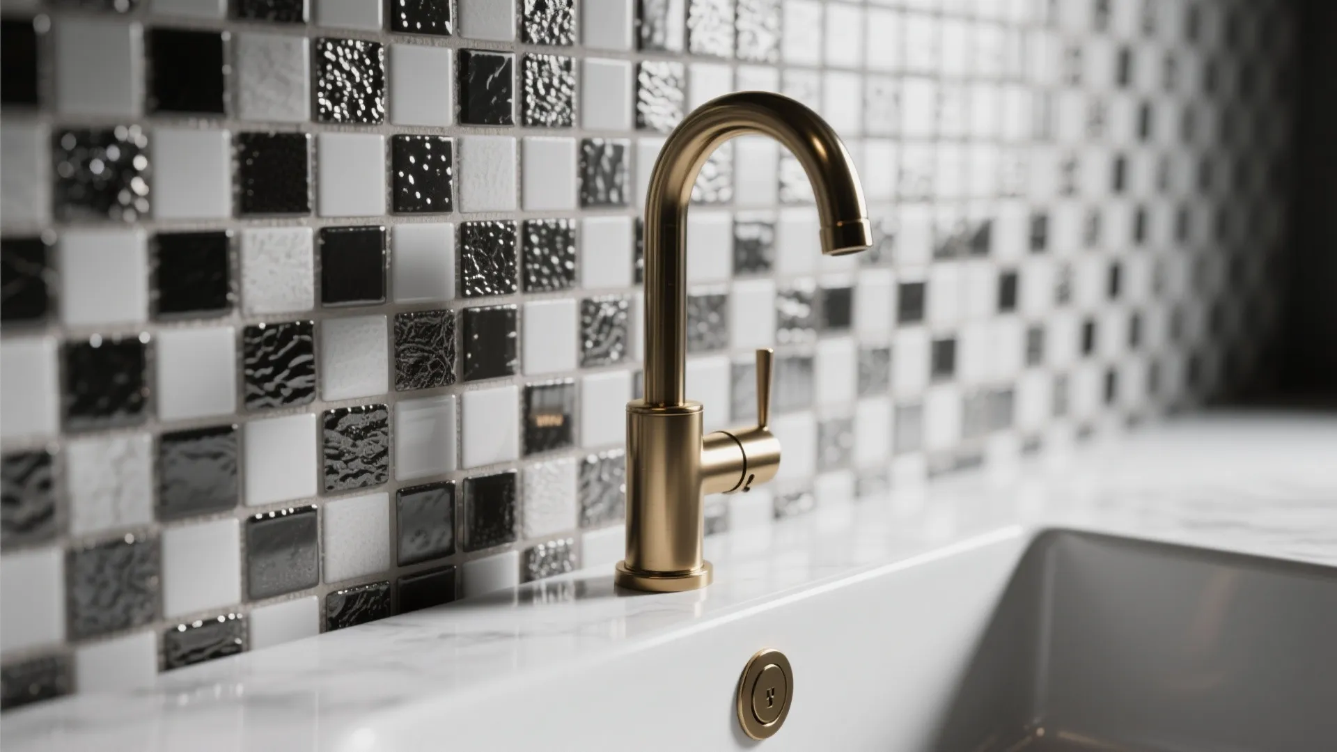 4. Monochrome mosaic backsplash with warm metals
