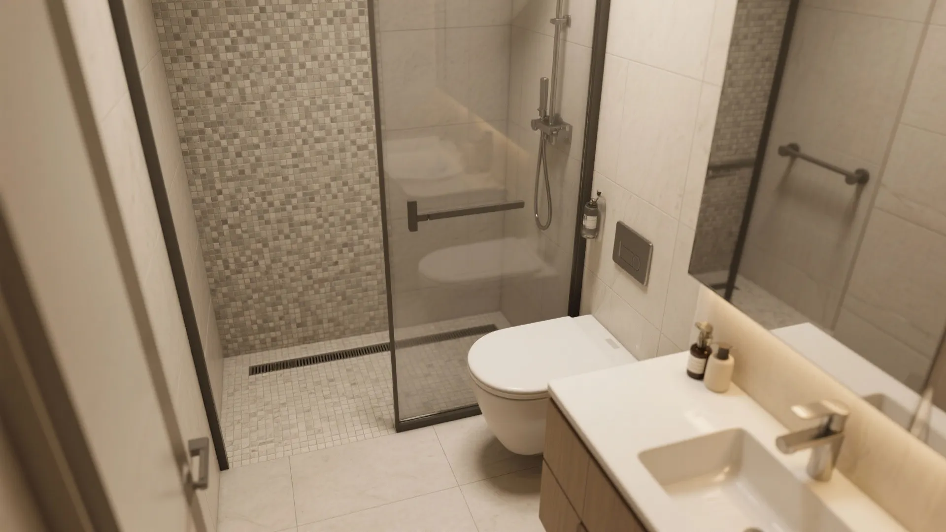 Small modern bathroom with mosaic wall tiles glass shower door white toilet and wood cabinet