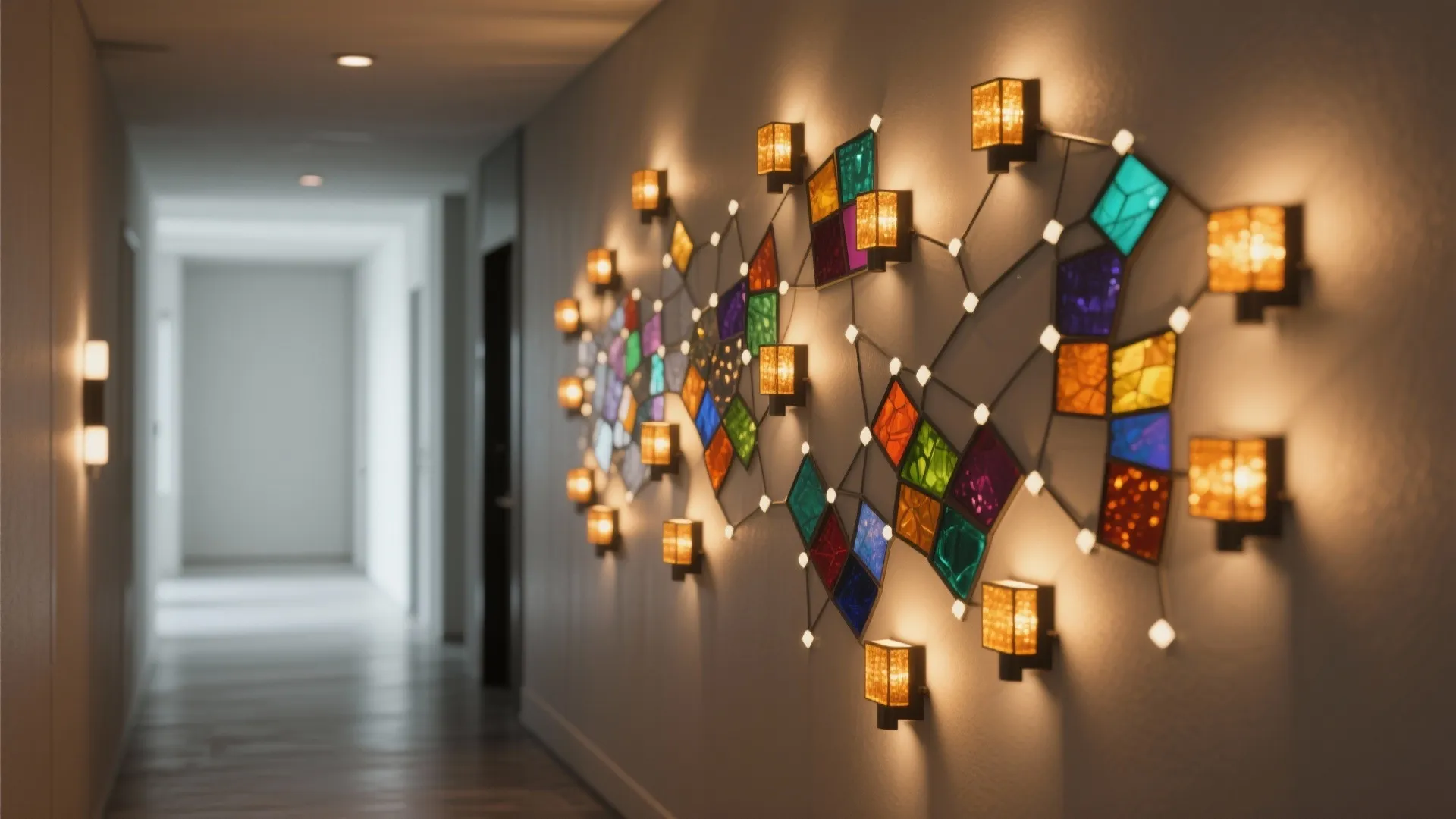 Hallway wall with a cluster of small mosaic stained-glass lights arranged like a constellation.