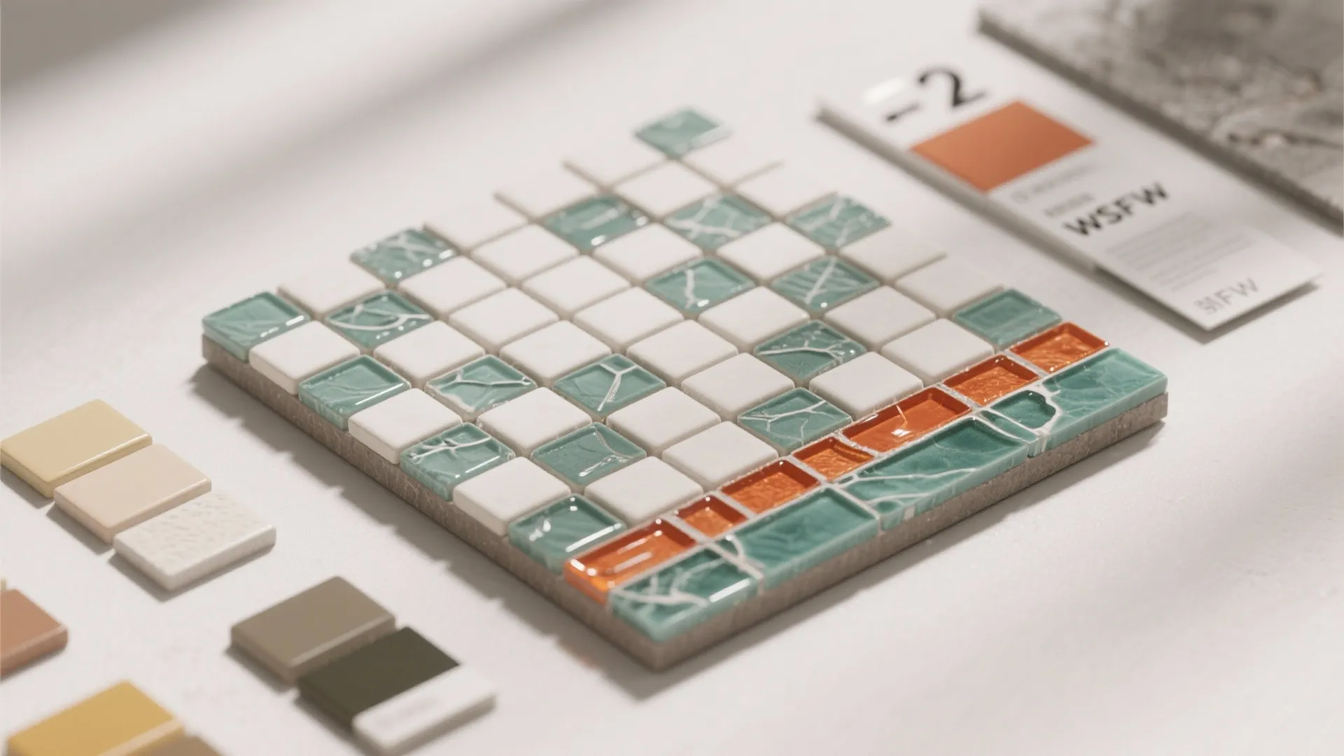 Small square wall tiles in green white and orange arranged on table with color swatches