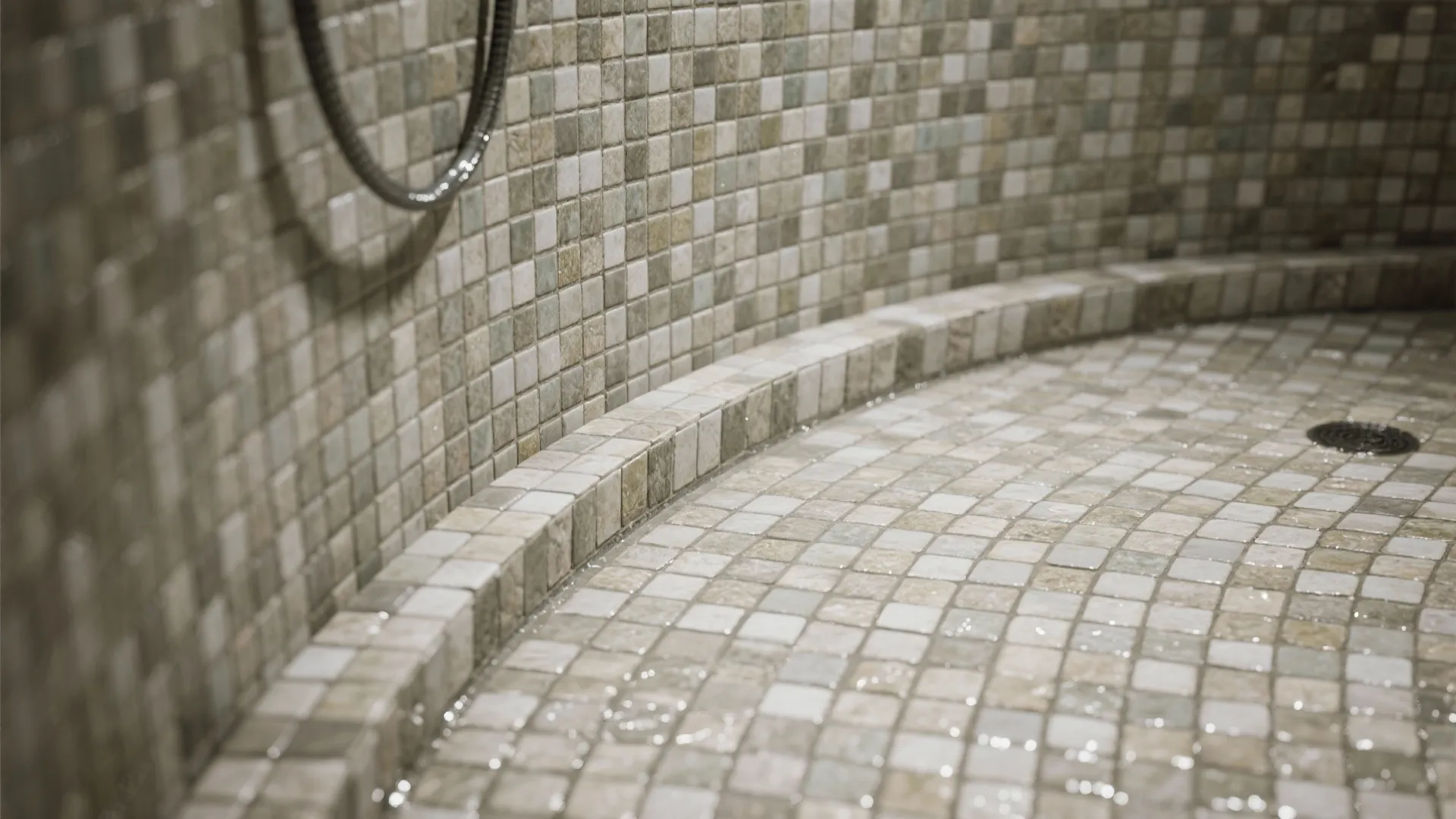 Close up of curved shower floor with small brown mosaic tiles and a silver drain